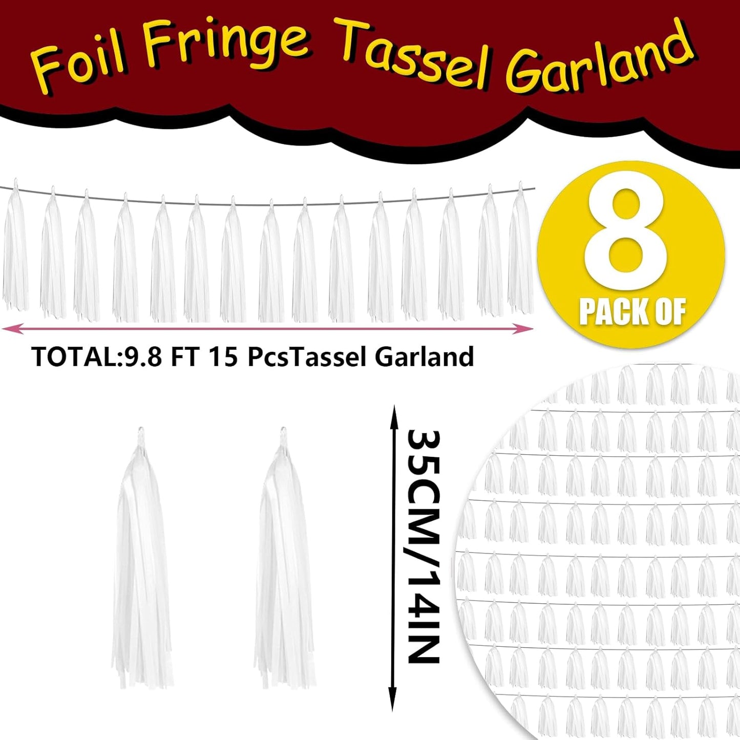 8P White Foil Fringe Metallic Tassel Streamers Banner Tassel Garland for Parade Floats, Graduation, Wedding, Birthday, Halloween, Christmas, Bridal/Baby Shower Party Decorations
