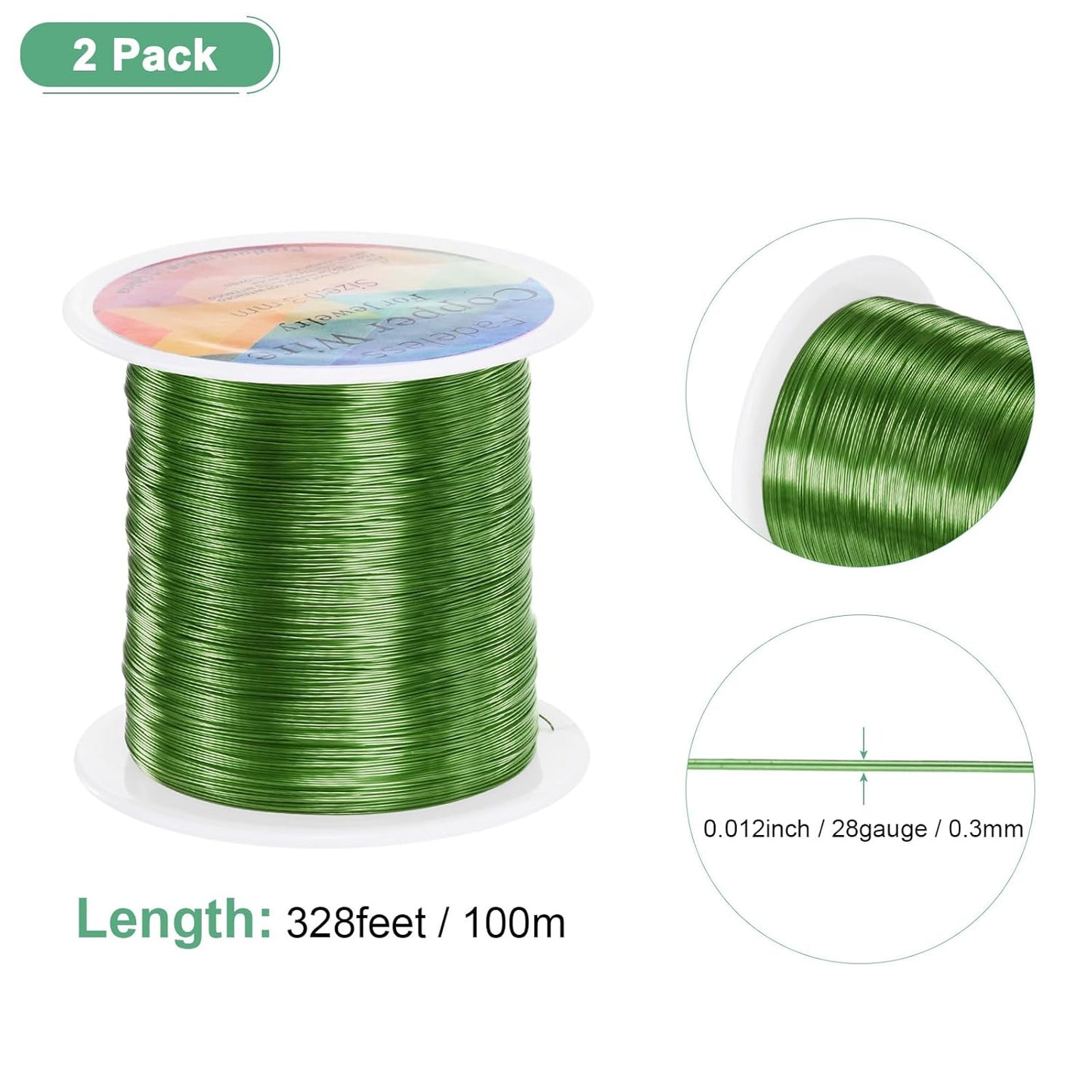 2-Rolls 0.3mm Jewelry Wire, 28 Gauge 328FT Craft Wire Copper Beading Wire for Jewelry Making/Planting/Weaving/DIY Crafting, Soft Metal Wires [100M, Green]