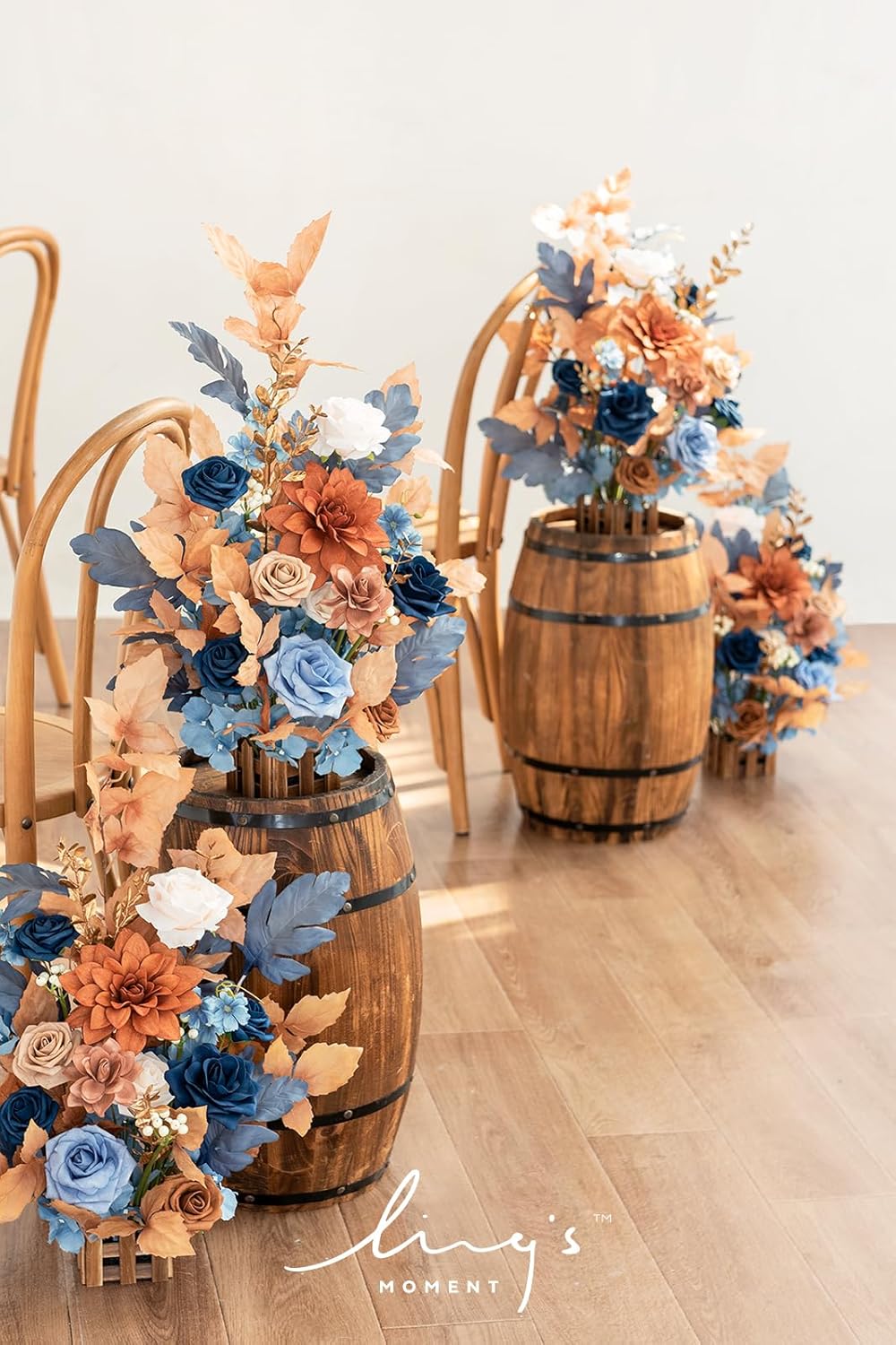Ling's Moment 17.5" Tall Standing Artificial Flowers Arrangements 4pcs Fall Wedding Aisle Runner Chair Decorations Russet Orange & Denim Blue Centerpieces for Ceremony Reception Floral Party Outdoor