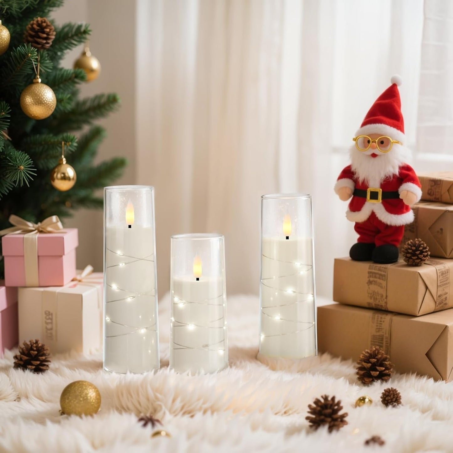 Raycare Flameless Candle with Remote Timer – 9 Flickering Acrylic Battery Operated LED Pillar Candles with Embedded Star String for Halloween, Home Decor, and as a Gift (White)