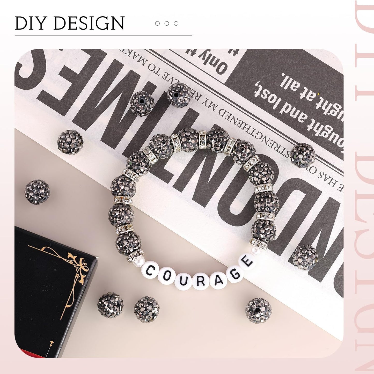 100 pcs 10mm Rhinestone Beads for Jewelry Making, Hematite Shiny Round Shamballa Disco Beads Bulk, Sparkle Crystal Clay Christmas for Bracelet Baseball Necklace Earring Crafting and DIY