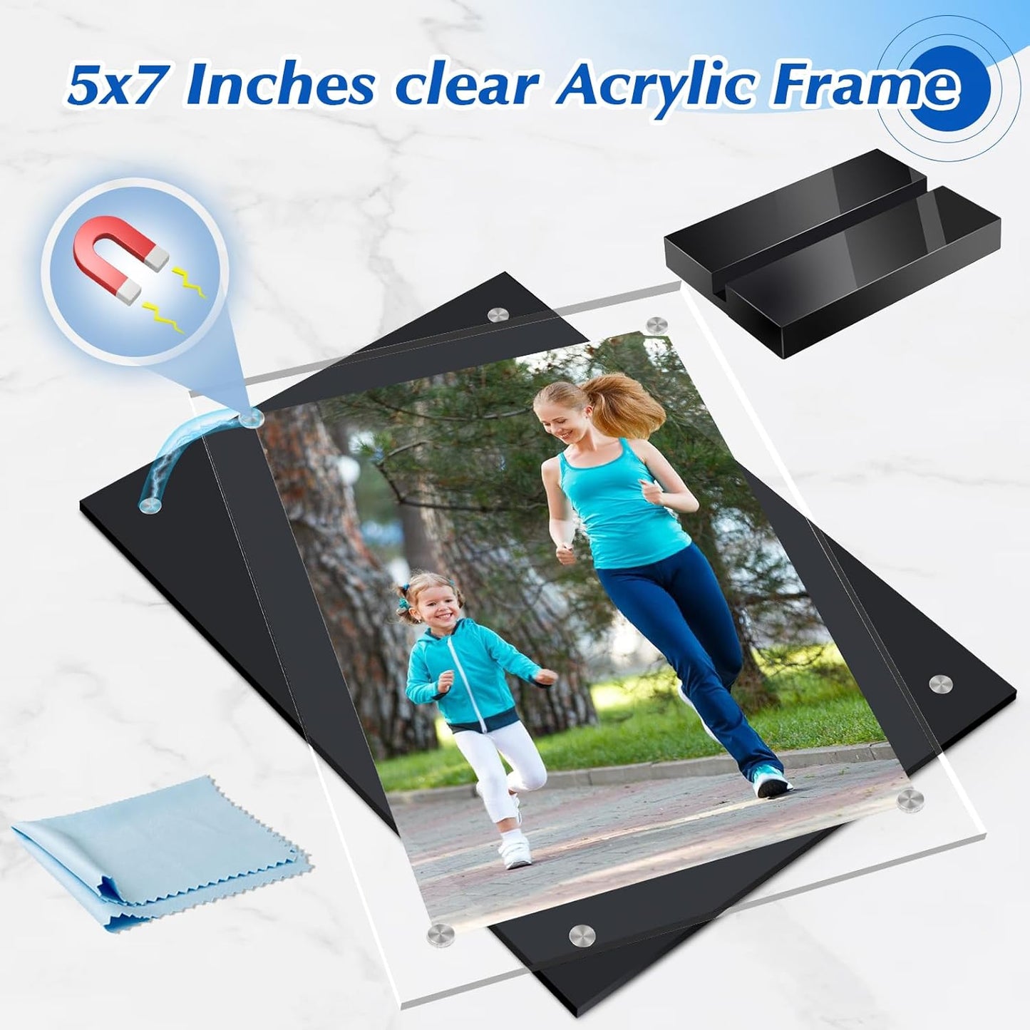2 Pack Acrylic Magnetic Picture Frame 5x7, Clear Frame for Horizontal Vertical Tabletop Display, Black Photo Frame Magnets for Fridge