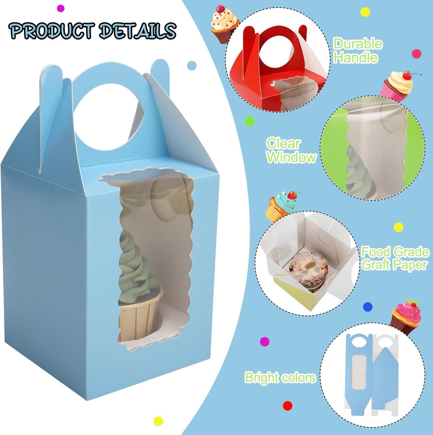 Individual Cupcake Boxes 4x4x5 Inches Disposable Pastry Tray Boxes, With Window Insert and Handle, Perfect for Parties, Birthdays, Bakery Wrapping and Events Containers (Blue-50Pack)