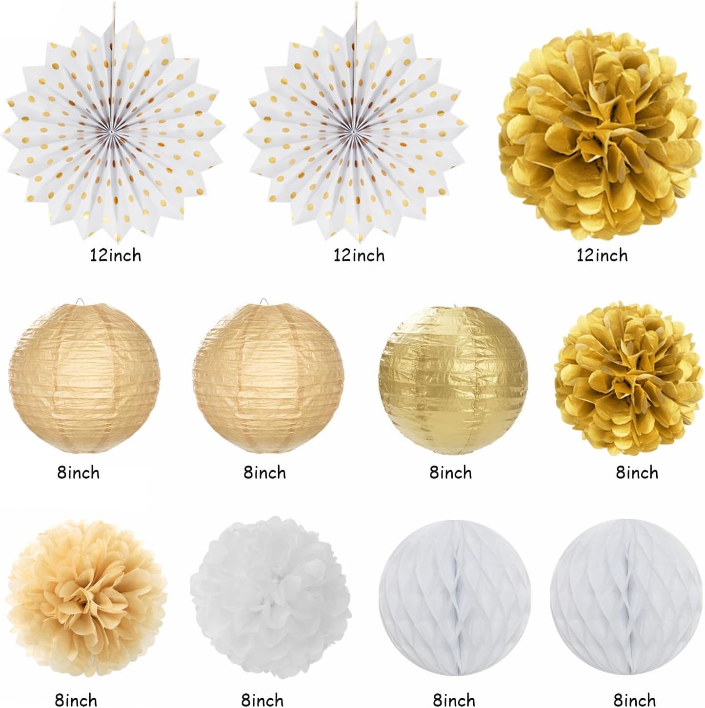 White Champagne Gold Birthday Party-Decorations - 21pcs Happy Birthday Banner,Paper Lanterns,Tissue Pom Poms Flower Fan,Honeycomb Ball,Swirl Streamers Garland Supplies Women Men Decor Huglony