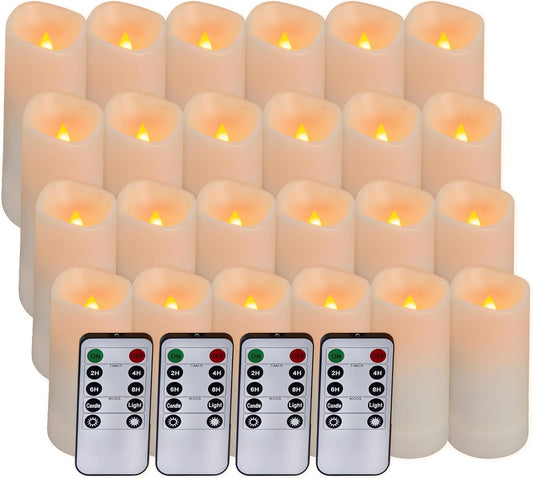 Aignis 24pcs Flameless LED Candles Battery Operated with 10-Key Remote Timer, Outdoor Waterproof Electric Lights, Warm Flickering Glow for Cozy Home/Wedding/Holiday Décor (D2.2'' x H4''/5''/6''/7'')