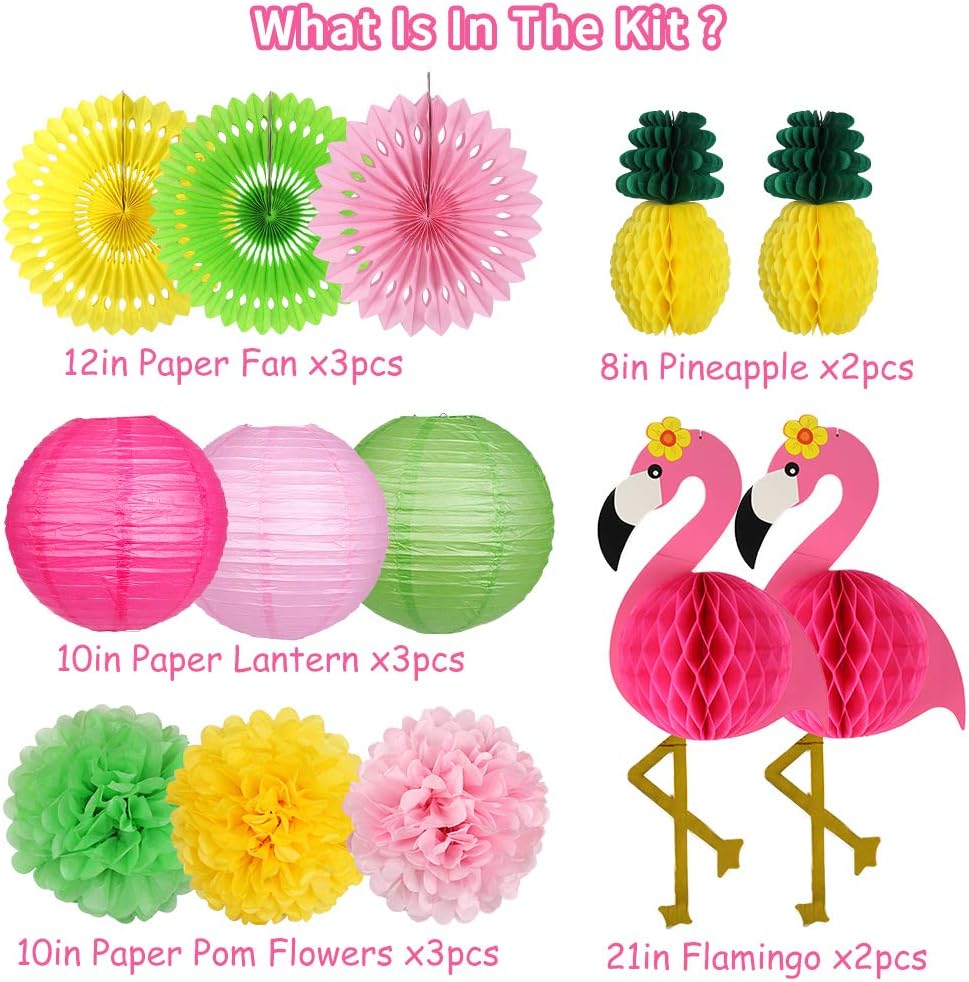 YUNXUAN Flamingo Party Supplies, Hawaiian Party Decorations Flamingo and Pineapple Honeycomb Ball Paper Lanterns Paper Fans Pom poms Flowers for Birthday Luau Tropical Bachelorette Party