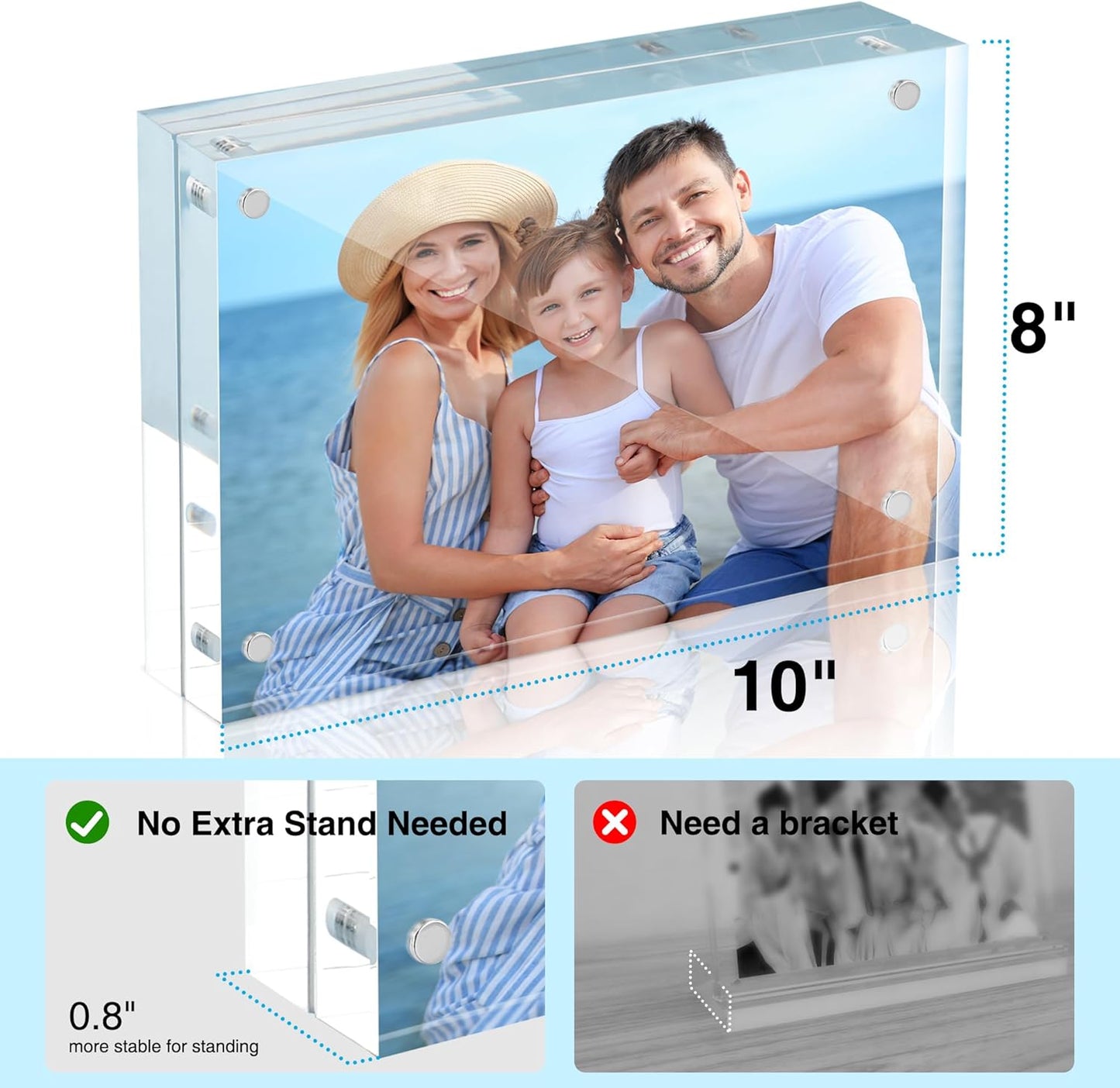 HOUSE DAY Acrylic Picture Frames 8x10, 2 Pack Magnetic 8x10 Picture Frame, Double Sided Clear 8 x 10 Photo Frame with Microfiber Cloth, Frameless FreeStanding 8x10 Frame Gift for Desktop Display