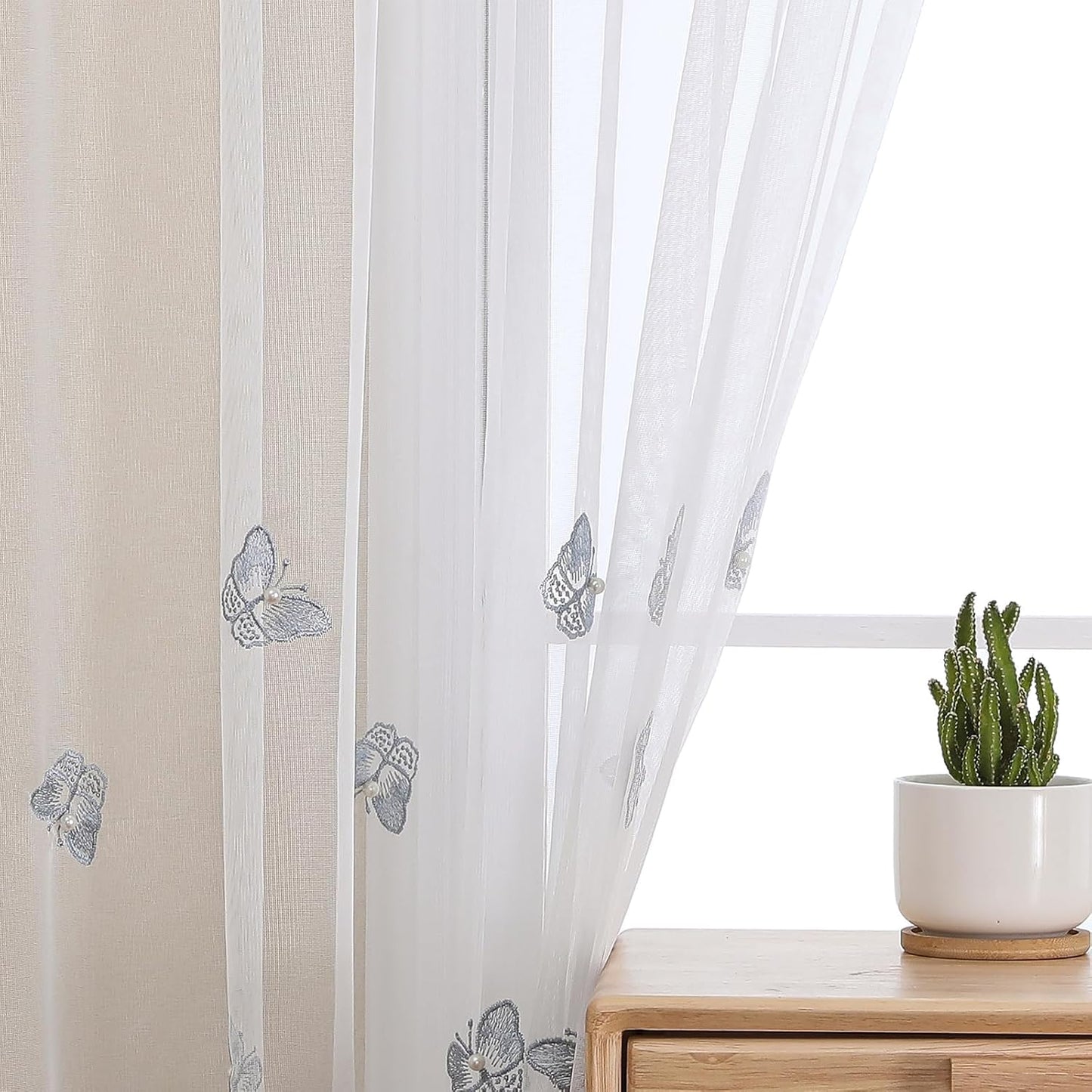 VISIONTEX White Sheer Voile Curtains, Decorative Blue Embossed Butterflies Rod Pocket Window Drapes for Home Kitchen, Living Room and Bedroom 54 x 63 Inch, Set of 2 Curtain Panels