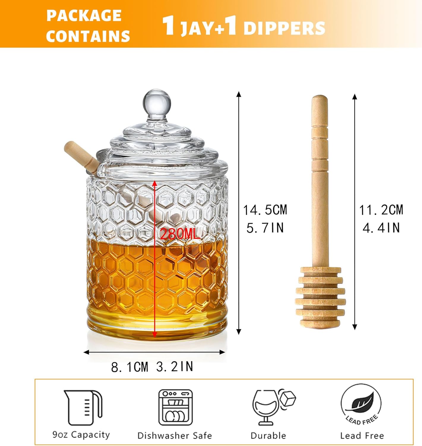 kanpura Clear Crystal Honey Pot with Dipper and Lid Glass Honey Jar with Dispenser Honey Holder and Syrup Container for Home Kitchen,9 oz