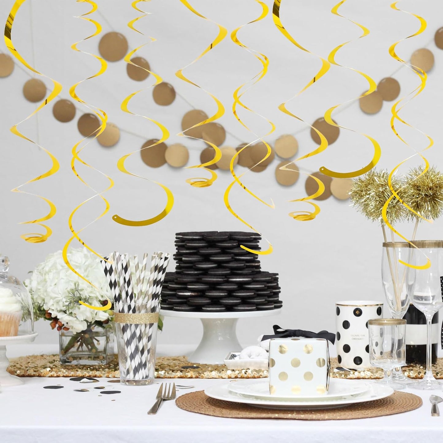 24 PCS Gold Foil Hanging Swirl, Sparkle Ceiling Hanging Decorations, Plastic Streamer Party Decorations, Swirl Decorations with Double-Swirls and Single-Swirls for Birthday, Baby Shower, Christmas