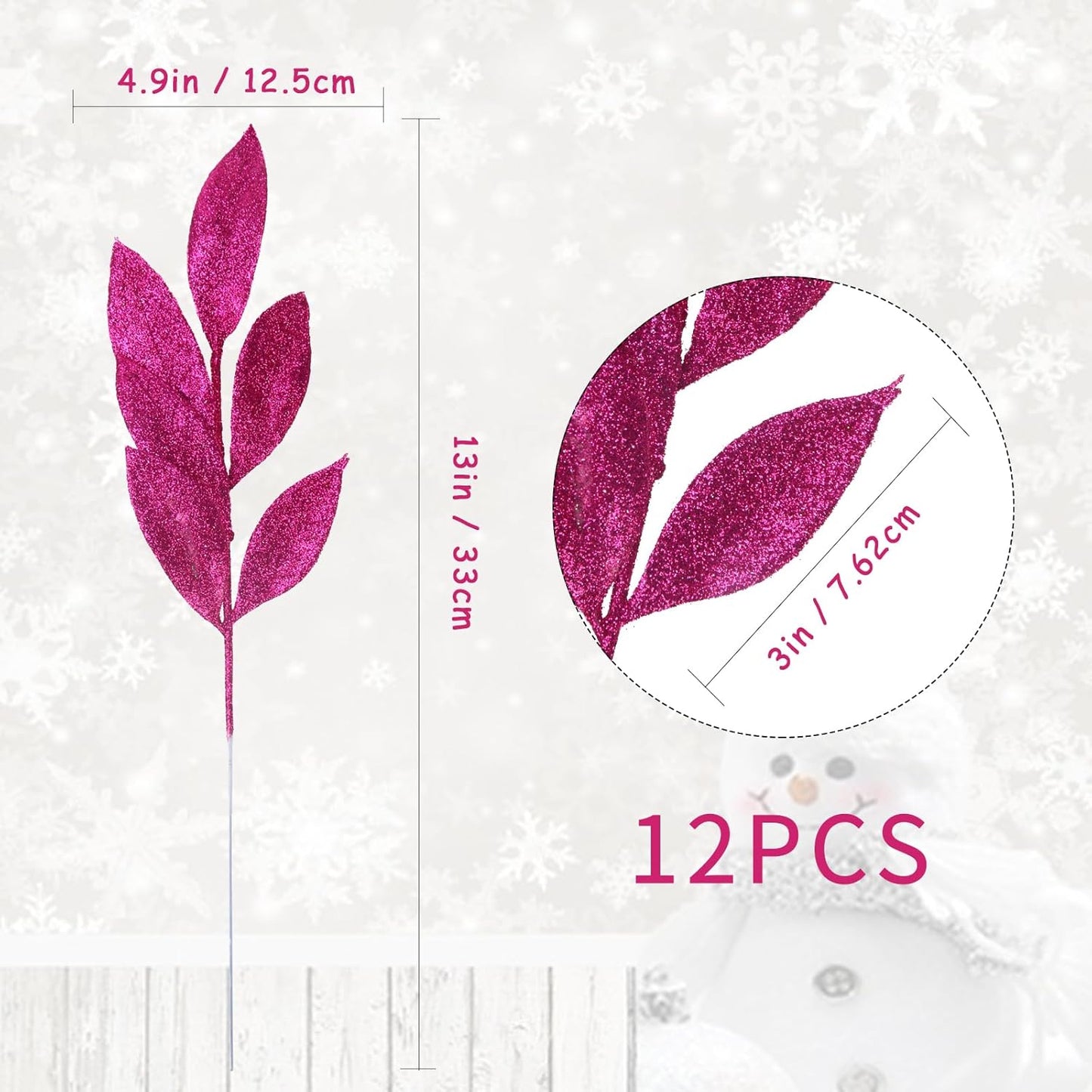 GREENTIME 12 Pack Artificial Rose Red Glitter Leaves 13" Fake Christmas Picks Decorative Glitter Sticks for Vase Christmas Tree DIY Wreath Crafts Fireplace Decor