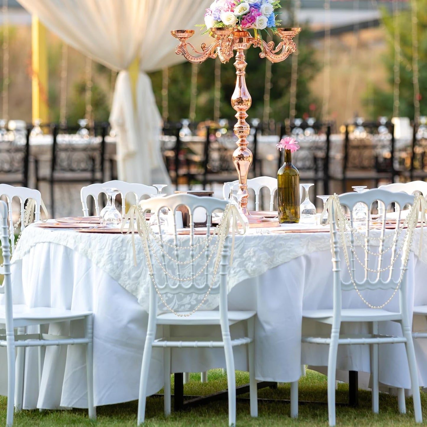 32 Pcs Wedding Pearl Bow Chair Decor Satin Ribbon Bows with Pearl Beaded String Garland Aisle Chair Sashes Decorations for Ceremony Coquette Party Banquet Decor (Ivory)