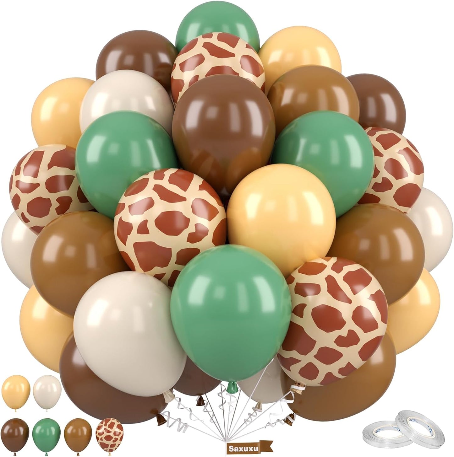 Jungle Balloons, 12 Inch Green and Brown Balloons, Sage Green Brown Apricot Giraffe Khaki Print Latex Balloon for Safari Baby Shower Forest Jungle Animal Theme Birthday Party Decorations