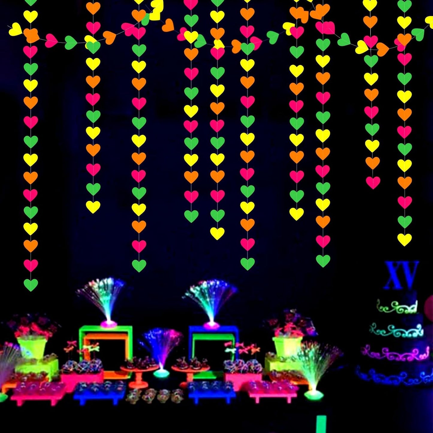 UV Neon Party Decorations Heart-Garland - 52ft Glow in The Dark Supplies,80s Hanging Streamers Banner,Girl Romantic Wedding Anniversary Baby Bridal Shower Engagement Decor Panduola