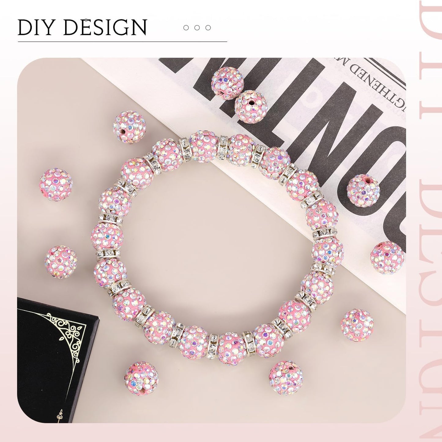 200pcs 10mm Pink AB Rhinestone Beads for Jewelry Making, Shiny Round Shamballa Disco Ball Beads Bulk, Sparkle Crystal Clay Christmas for Bracelet Baseball Necklace Earring Crafting and DIY