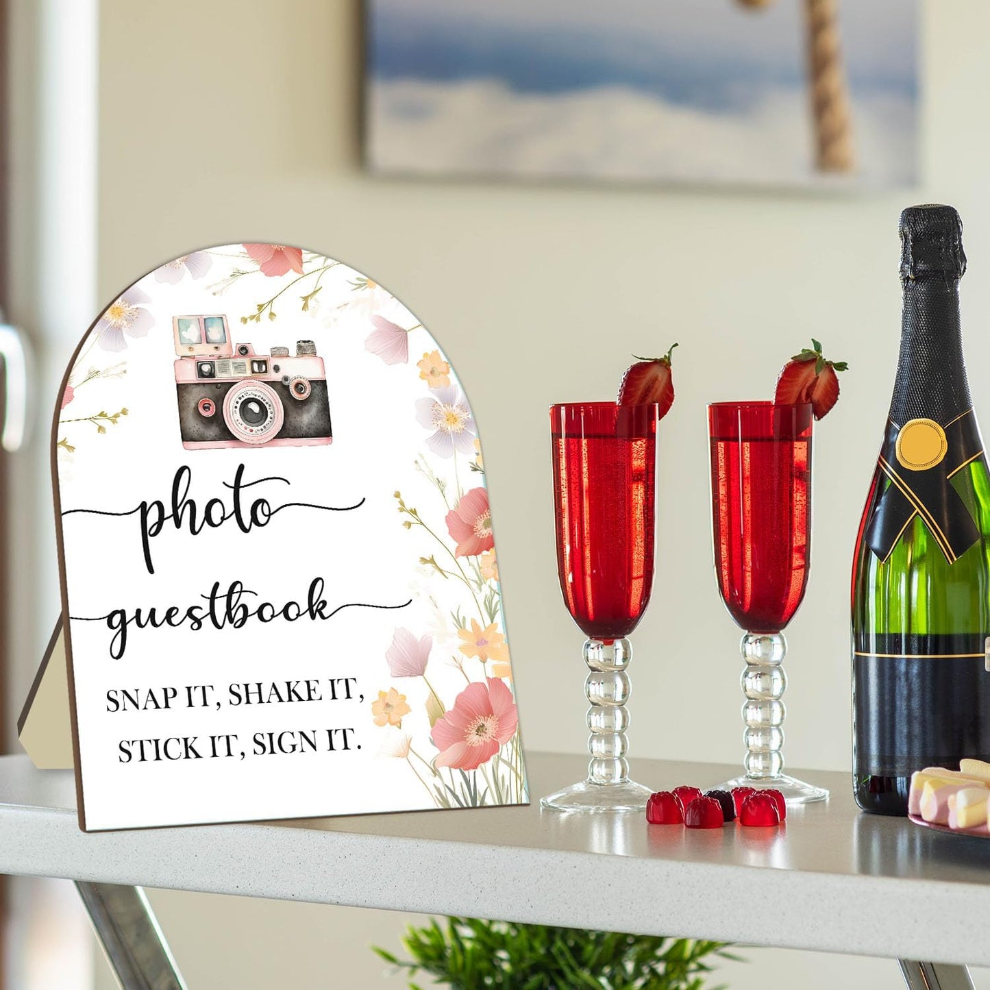 Wedding Photo Guestbook Desk Plaque, Floral Decor Party Welcome Sign, Bridal Shower Sign, Baby Shower Decoration Supplies, Wedding Shower Supplies, Reception Decor with Stand 8 * 10In