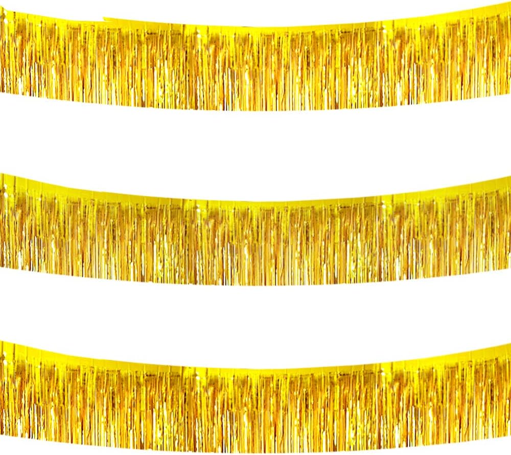 BEISHIDA 3 Packs 30 Feet Metallic Foil Fringe Garland Tinsel Streamers，Shiny Gold Wall Hanging Tinsel Fringe Banners for Wedding Birthday Party Decoration Halloween Christmas New Year