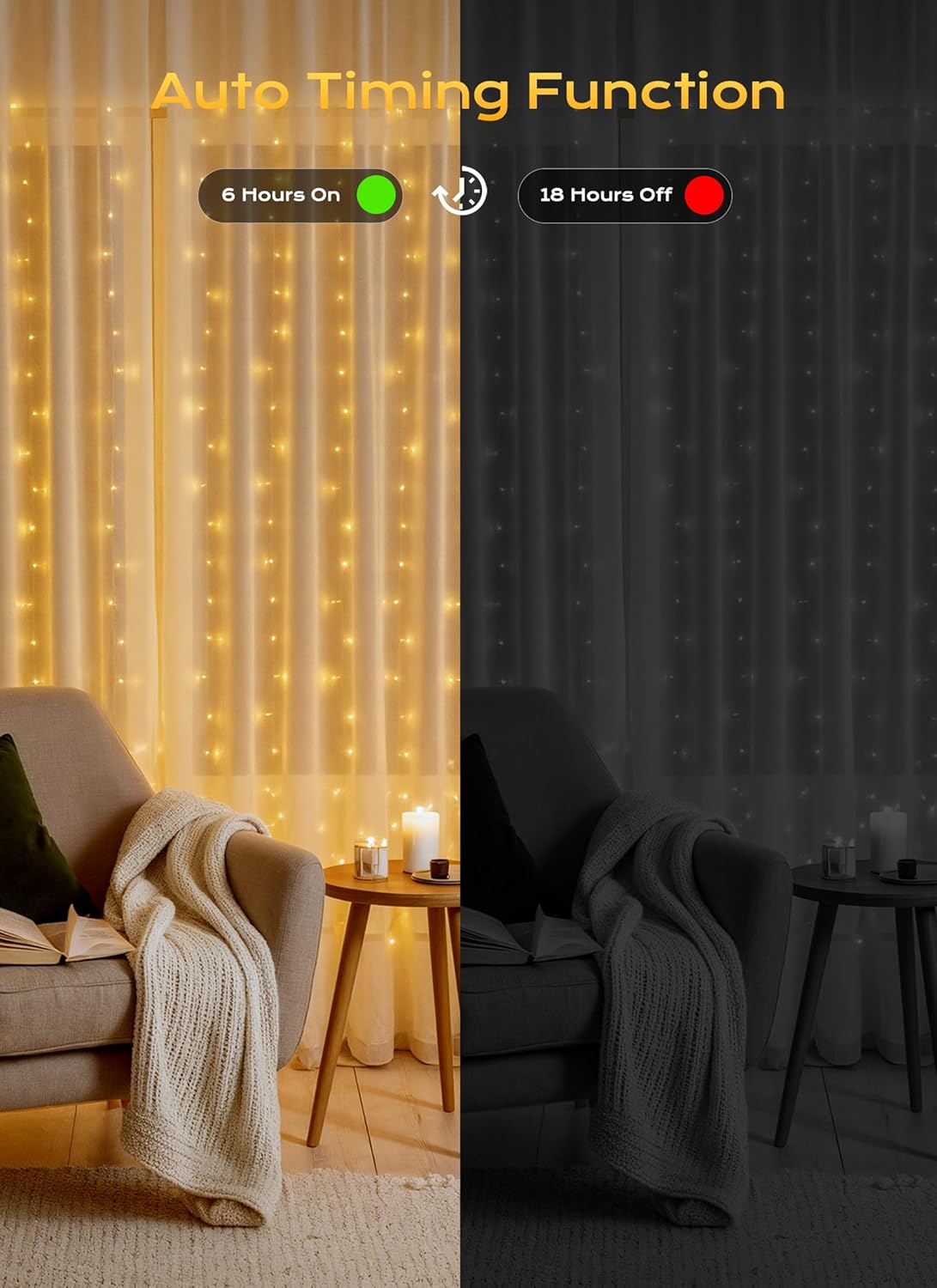 Brightown 600 LED Curtain String Lights, 20 FT Hanging Fairy Lights with Remote, 8 Modes, Waterproof Window Lights for Bedroom Backdrop Wedding Outdoor Christmas Party, Warm White