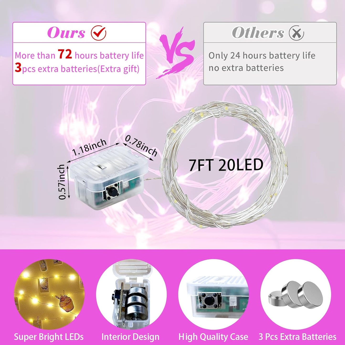 24 Pack Pink Fairy Lights 7Ft 20 LED Twinkle String Lights 3 Modes Battery Operated Waterproof Firefly Starry for Mason Jar Party Wedding Christmas Valentines Day Table Centerpieces