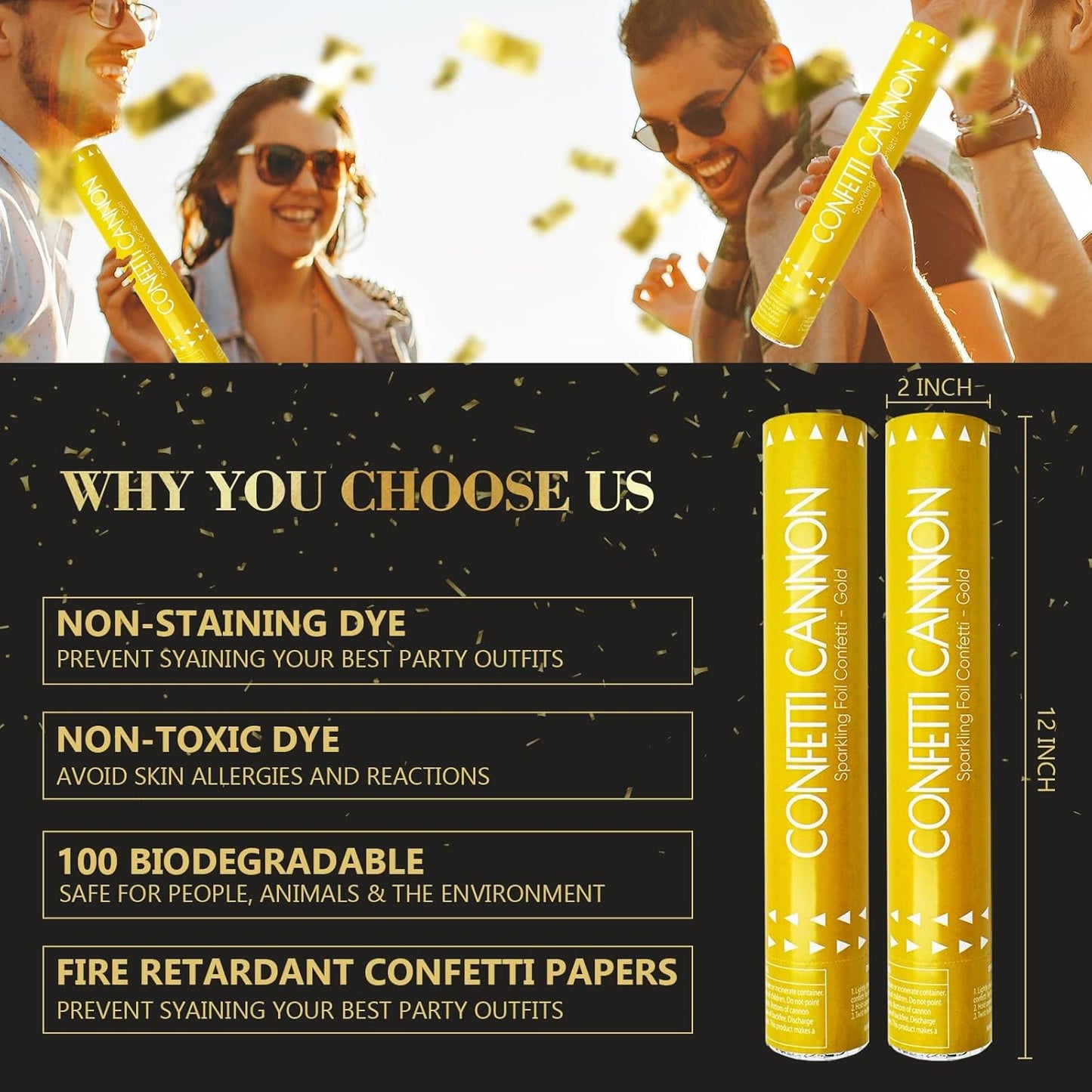 Confetti Cannon Gold Party Poppers 12 Inch Streamer Cannon 12 Pack Golden Party Poppers Shooters Foil Gold Popper Cannon Bulk for Wedding,Birthday,Graduation,New Year Celebration