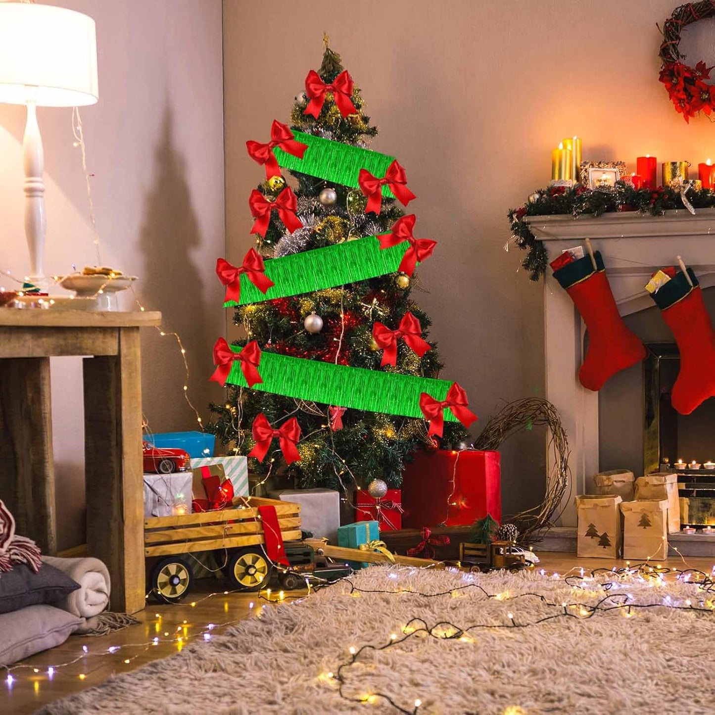 4 Pack 10 Feet Green Foil Fringe Garland Metallic Tinsel Streamers Banner Wall Hanging Curtain Backdrop for Parade Floats, Wedding, Graduate, Mother's Day, Birthday Party Decoration