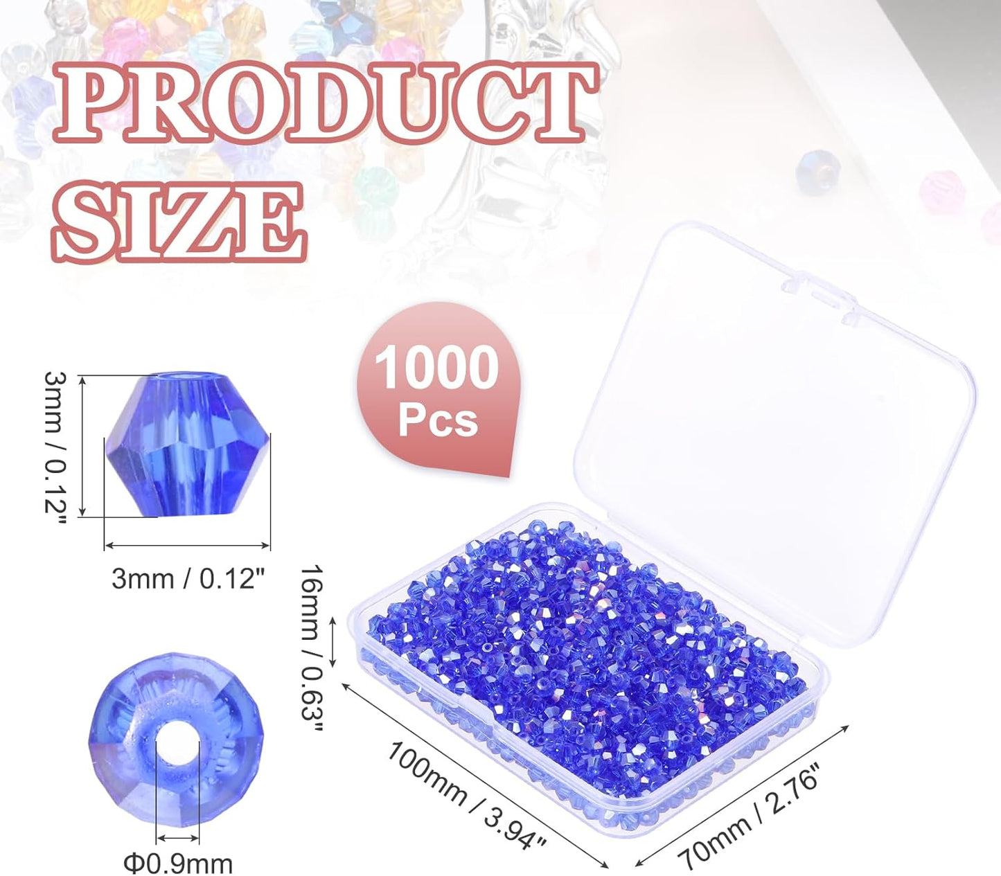 PATIKIL 1000pcs 3mm Bicone Glass Crystal Beads, Faceted Glass Spacer Beads with Box for Jewelry Making Bracelet Necklace Earrings DIY Suncatcher Craft, Blue AB