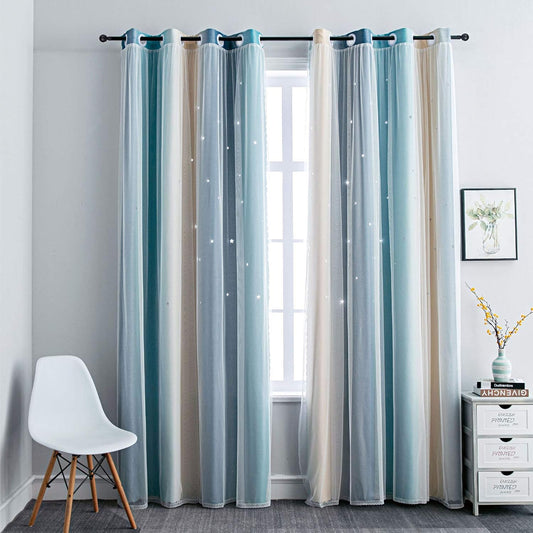 FANLI Ombre Rainbow Blackout Curtains for Kid Girls Bedroom Living Room Darking Stripe Double Layer Star Cut Out Wall Home Decor Gradient Grommet Window Curtains (Blue/Yellow, 52W x 72L)