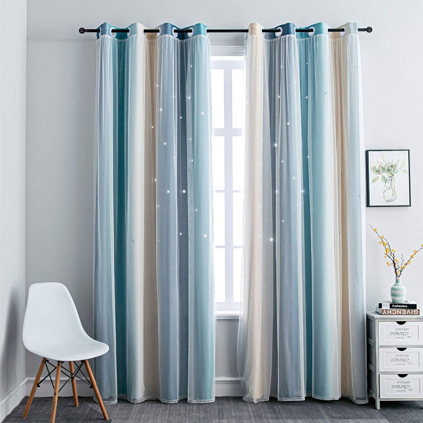 FANLI Ombre Rainbow Blackout Curtains for Kid Girls Bedroom Living Room Darking Stripe Double Layer Star Cut Out Wall Home Decor Gradient Grommet Window Curtains (Blue/Yellow, 52W x 84L)