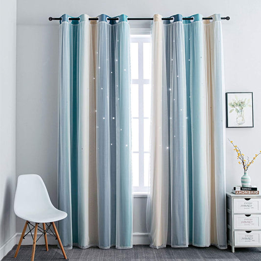FANLI Ombre Rainbow Blackout Curtains for Kid Girls Bedroom Living Room Darking Stripe Double Layer Star Cut Out Wall Home Decor Gradient Grommet Window Curtains (Blue/Yellow, 52W x 84L)