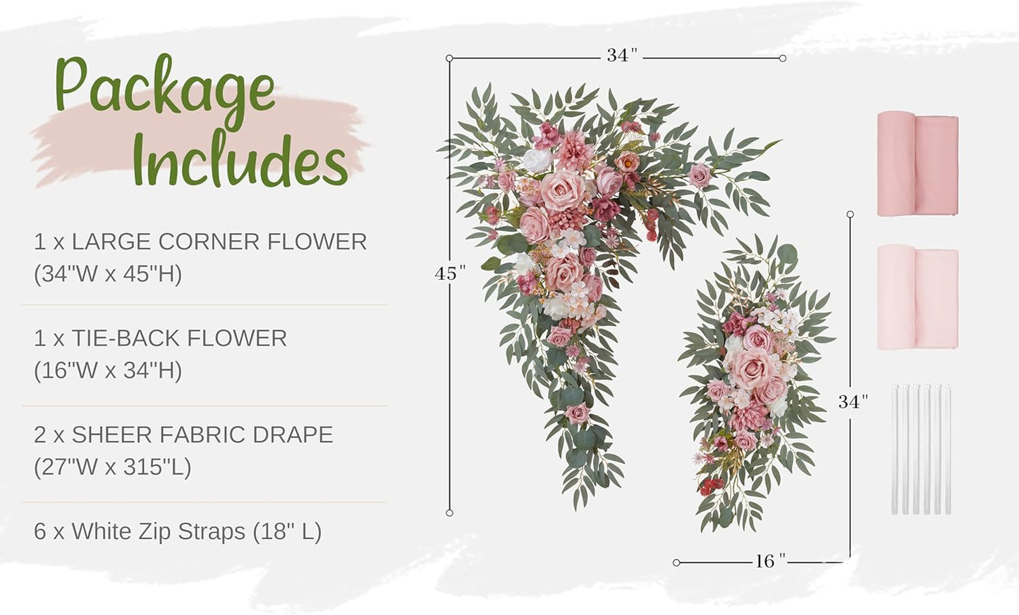 Wedding Arch Flowers with Drapes Kit (Pack of 4) - 2pcs Artificial Dusty Rose Deluxe Swag with 2pcs Sheer Drapes for Wedding Ceremony Arbor Reception Backdrop Rose Floral Decoration