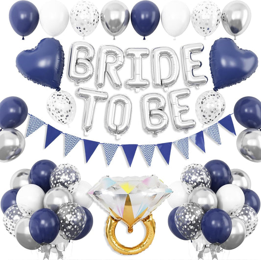 Blue Silver Bachelorette Party Decorations, Silver Bride To Be Bridal Shower Balloons Decoration, Navy Blue White Silver Balloon and Diamond Ring Blue Heart Balloon for Bachelorette Engagement Wedding