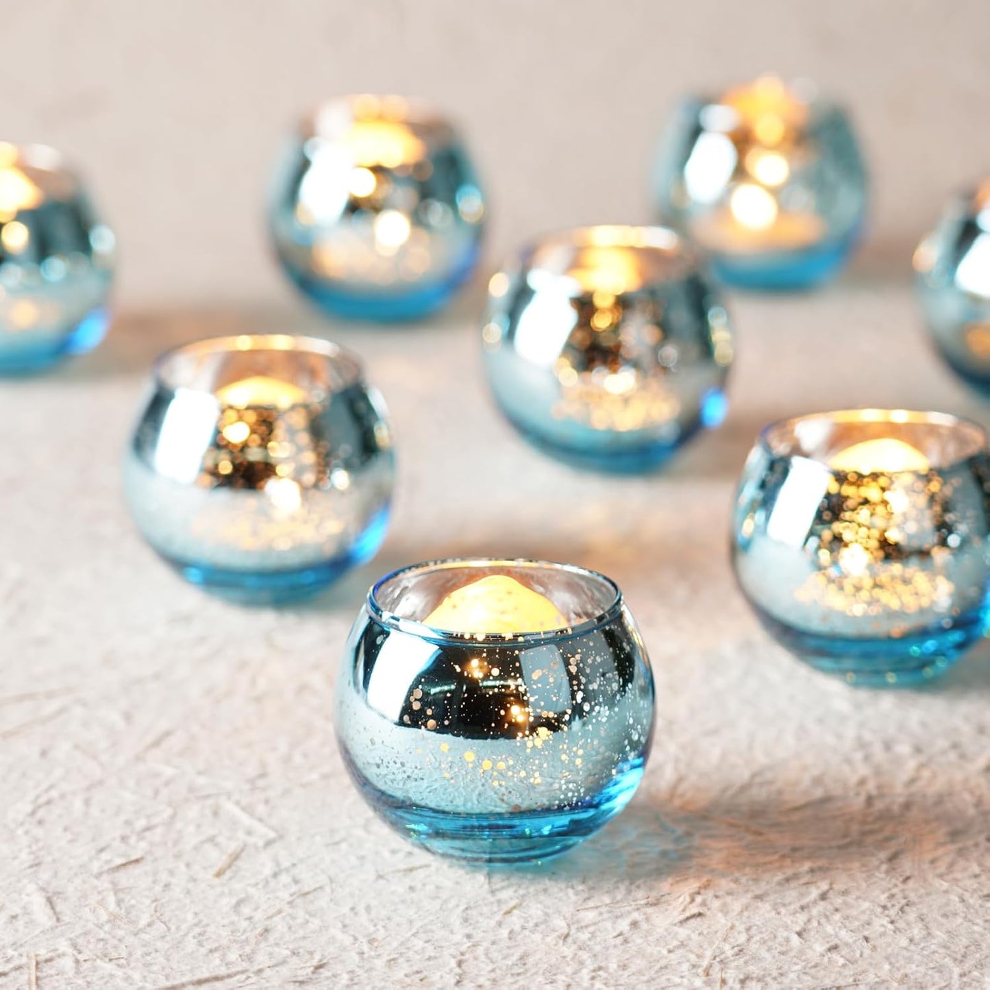 Homemory 12 Pcs Blue Votive Candle Holders, Round Mercury Glass Candle Holder, Tealight Candle Holders for Table Centerpieces, Baby Showe, Anniversary, Wedding, Home Decor, Halloween, Christmas