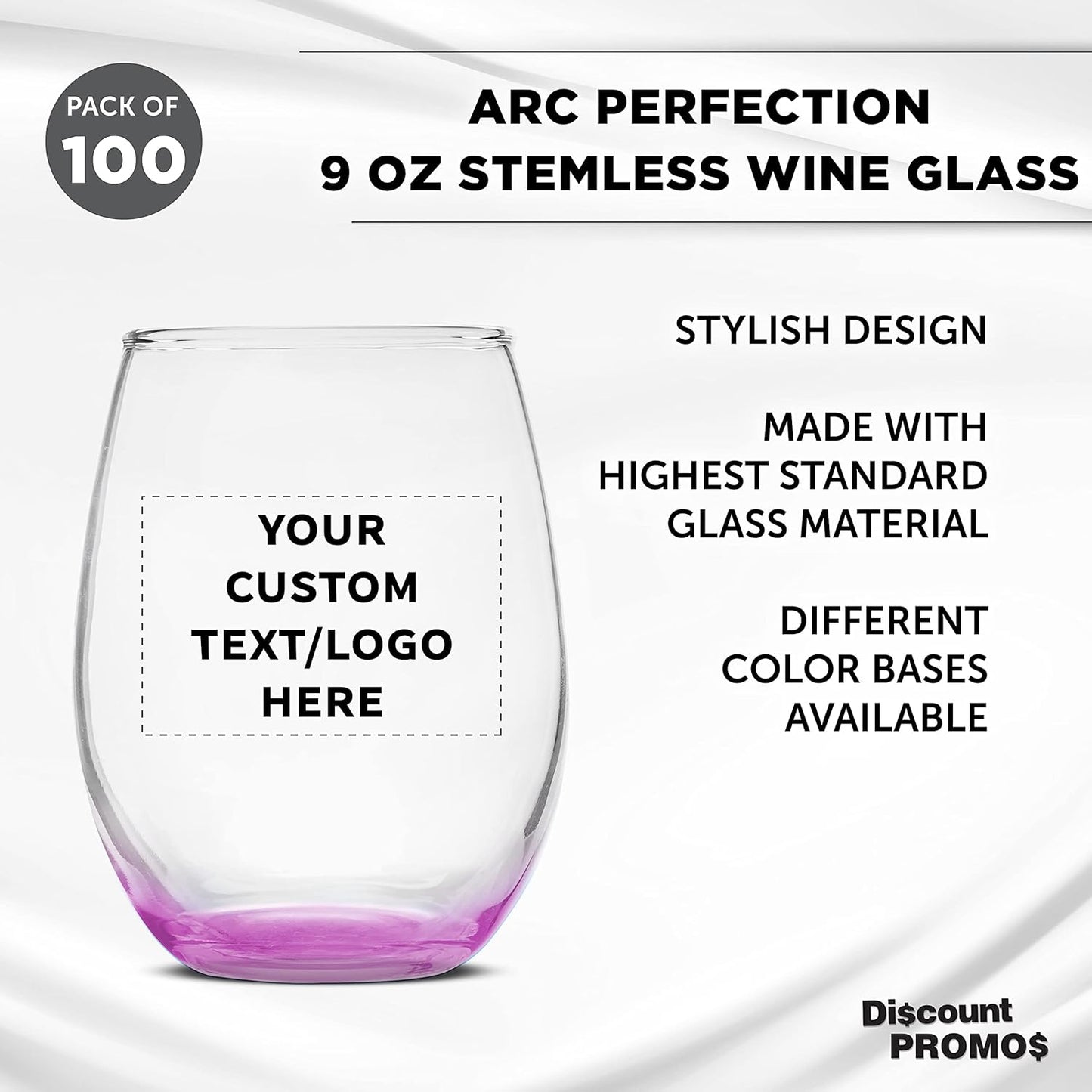 Custom Stemless Wine Glass 9 oz. Set of 100, Personalized Bulk Pack - Great for Wedding Favors, Bachelorette Party Decorations, Party Favors, Color Bottom - Pink
