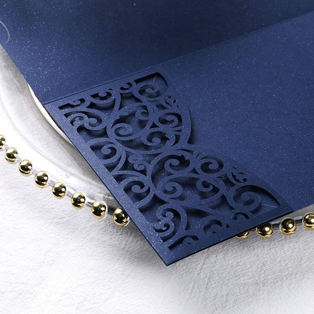PONATIA 5.12 x 7.2 Laser Cut Invitation Pocket, 20PCS Tri-Fold 5 x 7 Laser Cut Wedding Invitation Pockets with Envelopes for Wedding Bbay Shower Birthday Sweet 16 Invite (Navy Blue, No Inner Sheet)