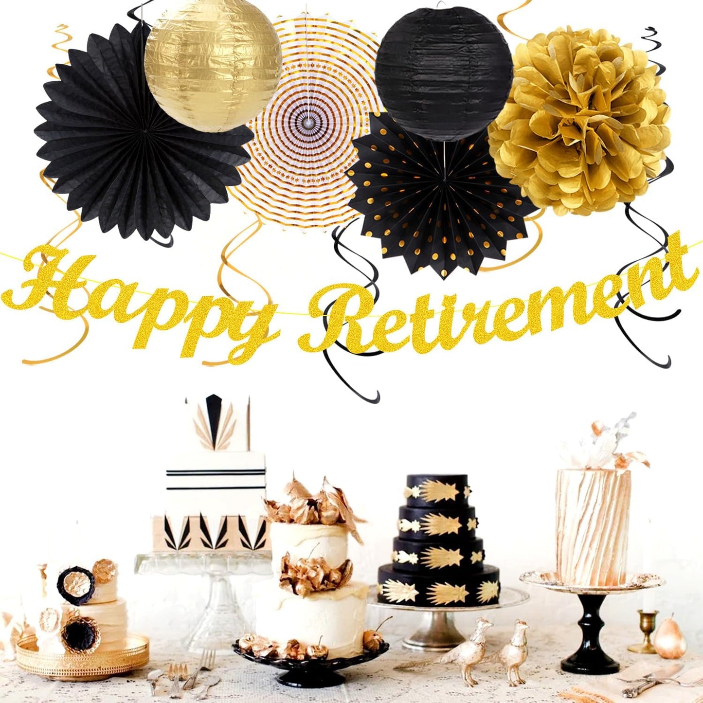 Black Gold Women-Men Happy-Retirement Party-Decorations - 21pcs Celebration Banner,Paper Streamers Lanterns Honeycomb,Tissue Flowers Pom Poms Fan, Classroom Backdrop Supplies Garland Decor Huglony