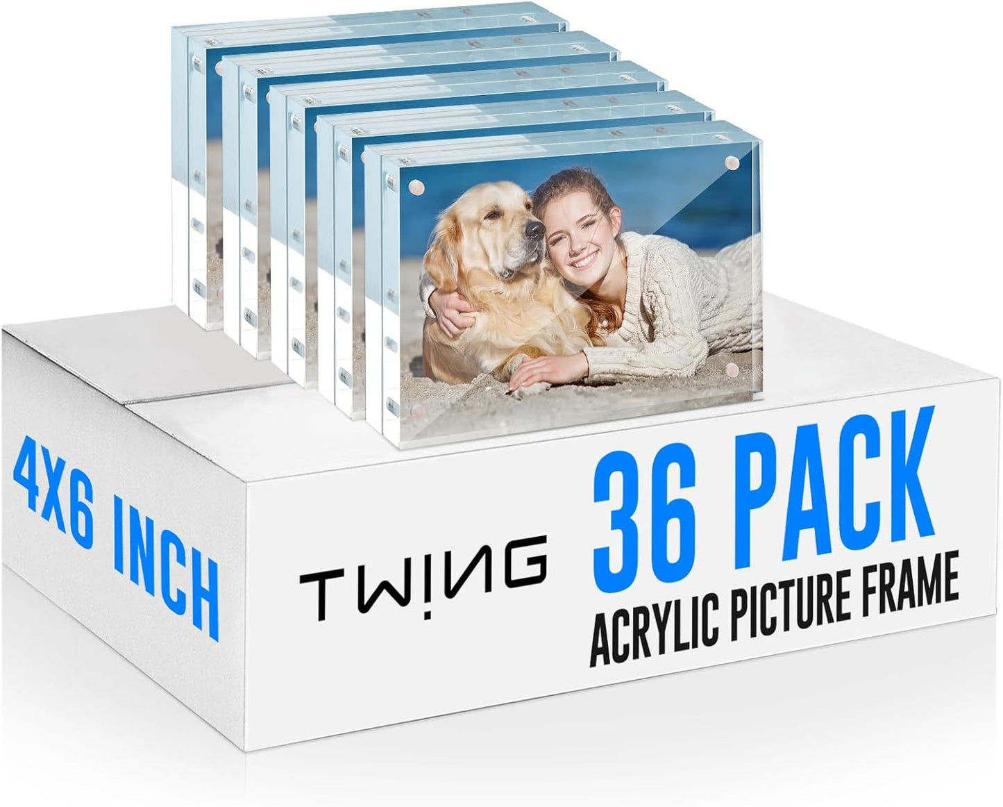 TWING 36 Pack 4x6 Acrylic Picture Frames Bulk, 10+10MM 4 By 6 Magnetic Acrylic Photo Frame Horizontal Magnet Double Sided Magnetic Frames Set, 6 x 4 Clear Picture Frames Block Picture Frame Desktop Display,Gift