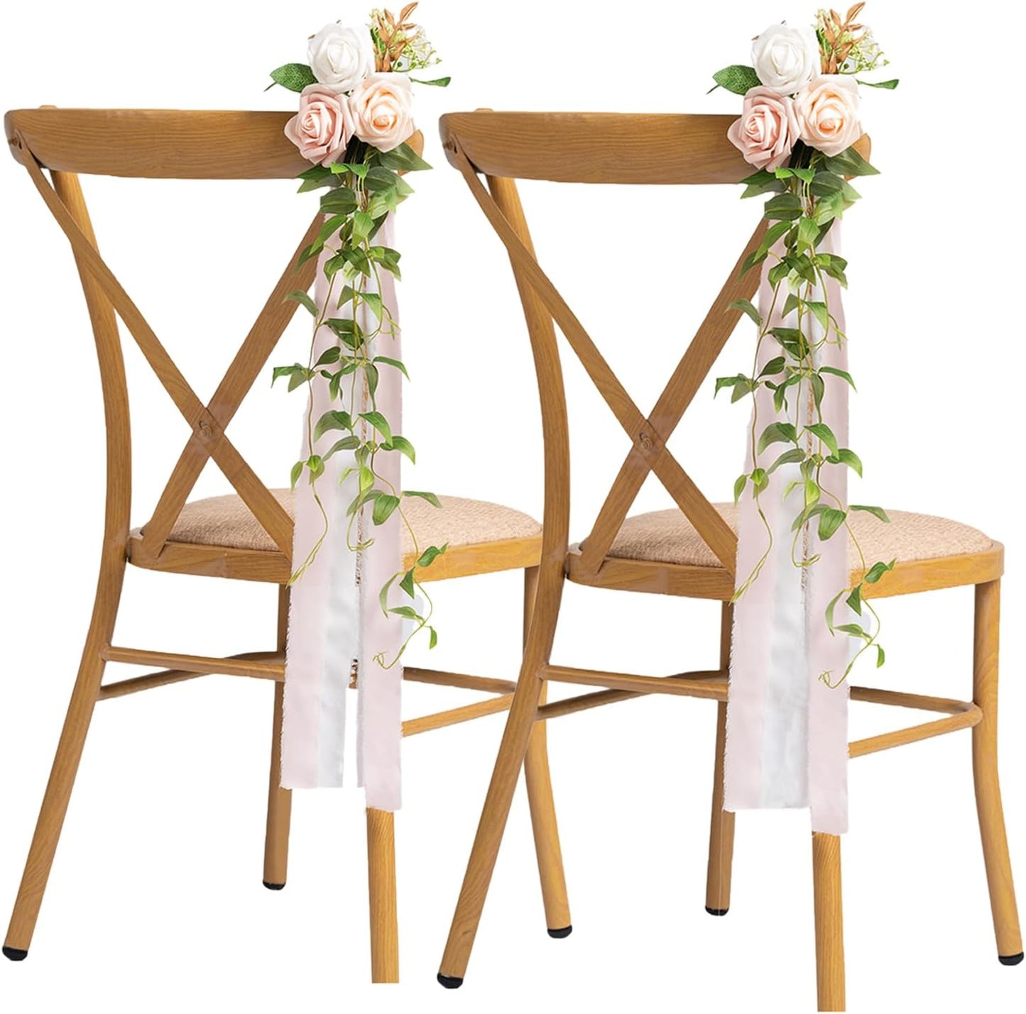 Meldel Wedding Chair Decorations Set of 10 Aisle Artificial Flowers White Pink Rose Garland with Hanging Ribbons for Ceremony Reception Church Pew Arrangement Party Wedding Aisle Decor