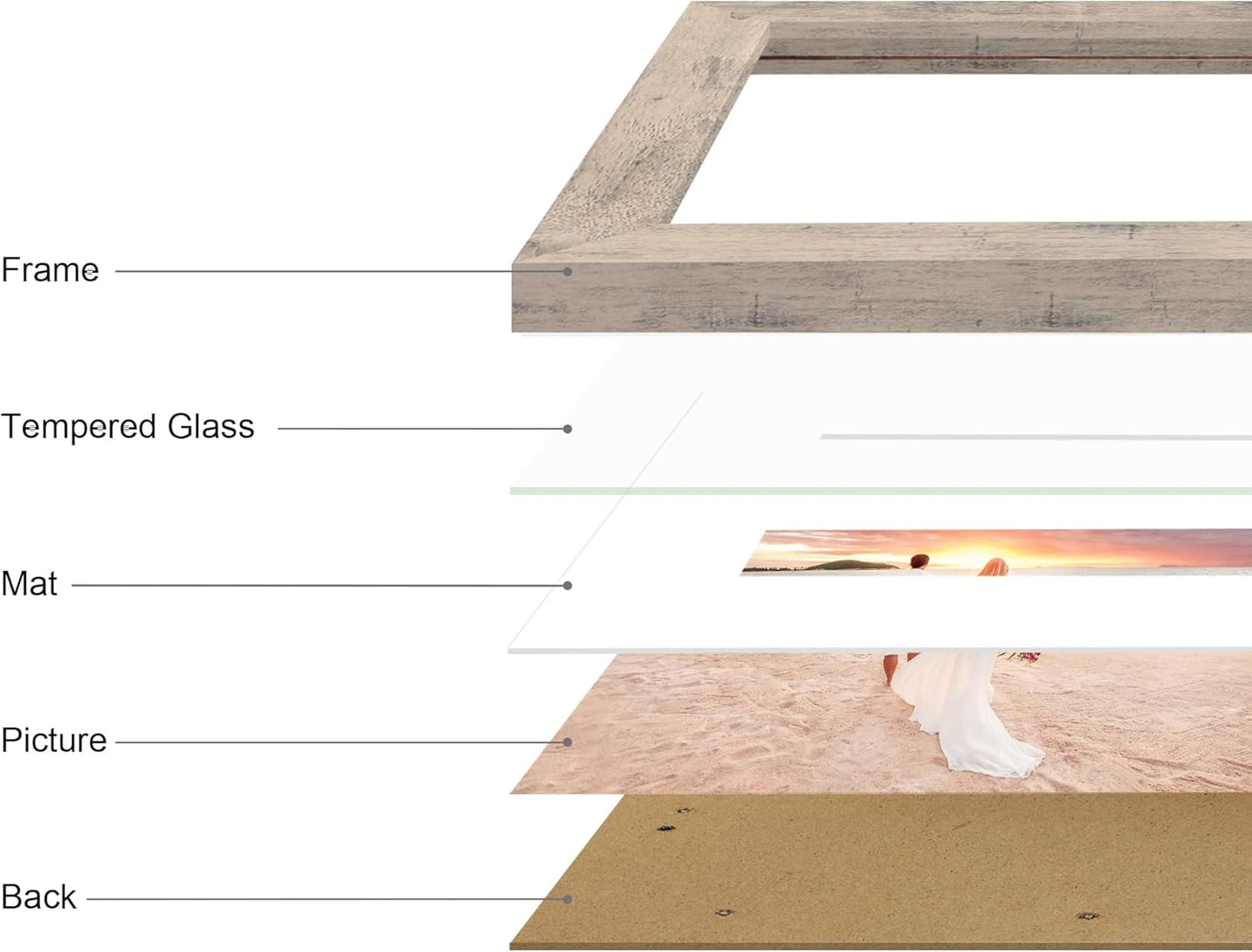 9x12 Picture Frame Set of 4 with Tempered Glass, Smoke Gray Frame Display 6x8 Pictures with Mat or 9 x 12 Without Mat, Rustic Wodd Photo Frames for Wall Mount and Tabletop Display