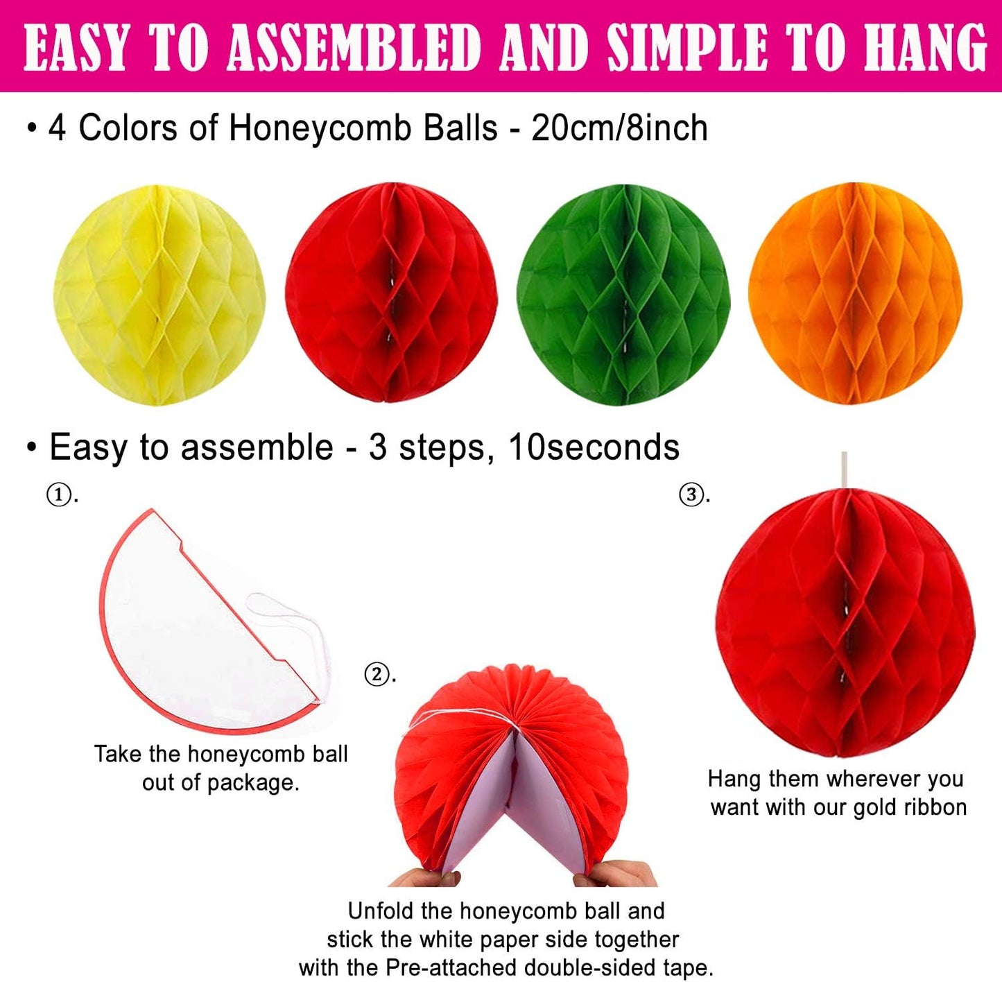 Colorful Birthday Decorations - Mexican Fiesta Party Decorations with Paper Fans, Paper Pom Poms,Dots Garland, Pennant Banner, Honeycomb Balls Packs