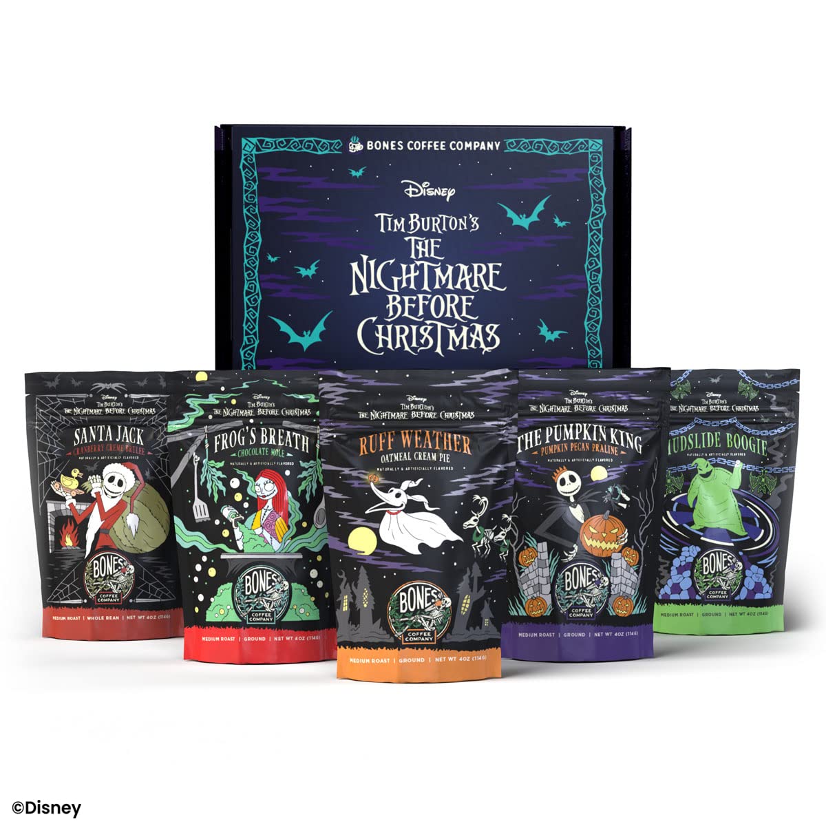 Bones Coffee Company The Nightmare Before Christmas Collector's Box 5 Flavored Coffee Low Acid Medium Roast Arabica Beans Specialty Coffee Gifts For Auto Drip and French Press, 4 oz Pack of 5 Whole