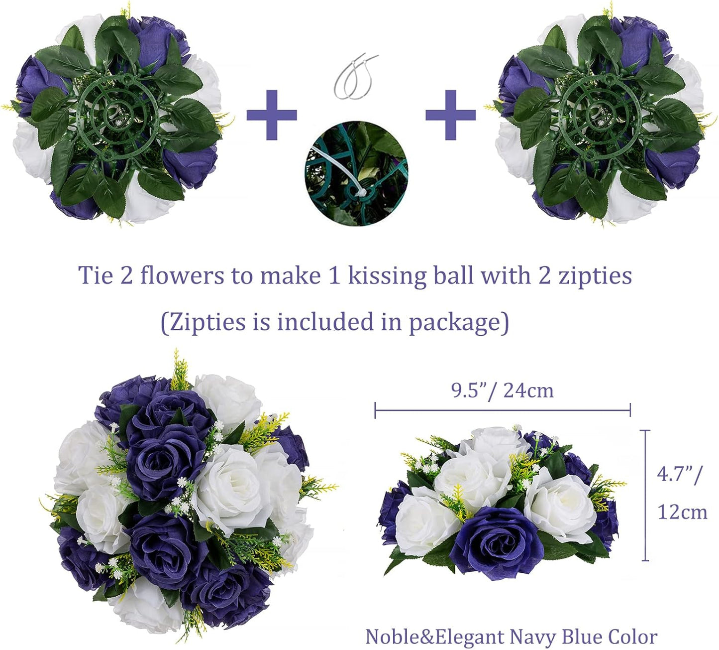 BLOSMON Flower Balls Table Centerpieces: 6 Pcs Fake Flowers Navy Blue White Wedding Kissing Rose Balls Decor - Artificial Floral Arrangements Flower Bouquet of Roses Home Party Table DIY Decorations
