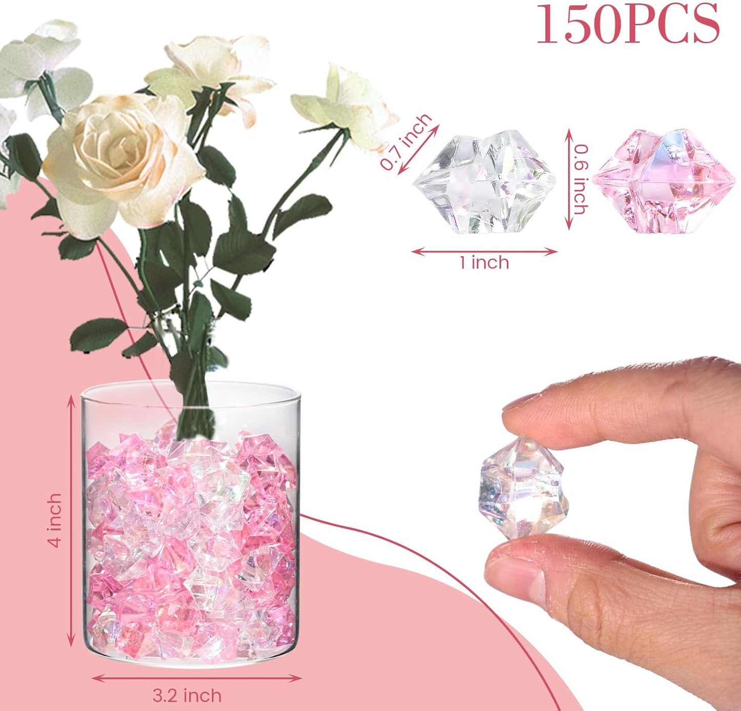 DomeStar 150PCS Dazzling Fake Ice Rocks, Pink Holographic Acrylic Crushed Ice Sparkling Plastic Diamonds Gems for Vases Fillers Aquarium Rocks Party Table Scatter Wedding Decor