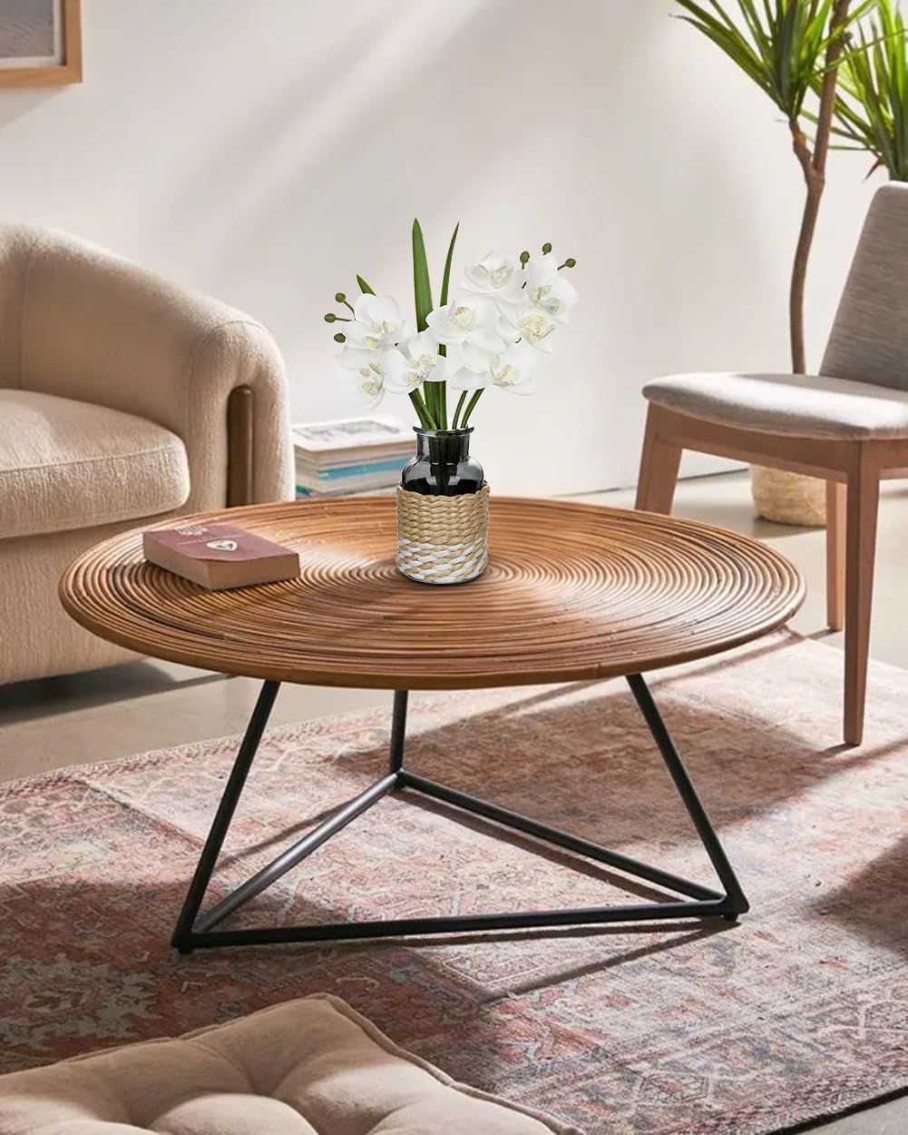 White Orchids Artificial Flowers with Vase, Small Faux Orchid Arrangement Fake Flower in Woven Glass Vase Black and White Decor Small White Centerpieces for Kitchen Dining Room Tables Bathroom Decor