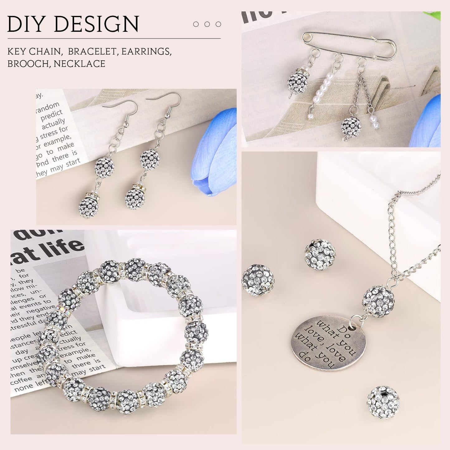 200pcs 10mm Black White Rhinestone Beads for Jewelry Making, Shiny Round Shamballa Disco Ball Beads, Sparkle Crystal Clay Christmas for Bracelet Baseball Necklace Earring Crafting and DIY