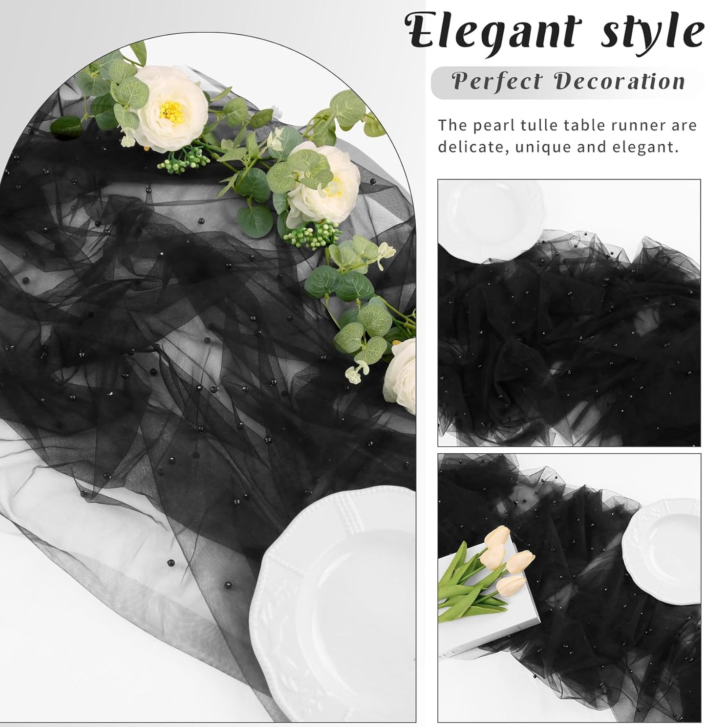 Set of 6 Pearl Table Runner 29 x 120 Inch Tulle Fabric Lace Table Runners Boho Rustic Tablecloth for Bridal Shower Birthday Party Wedding Arch Aisle Veil Dessert Table Decor(Black)