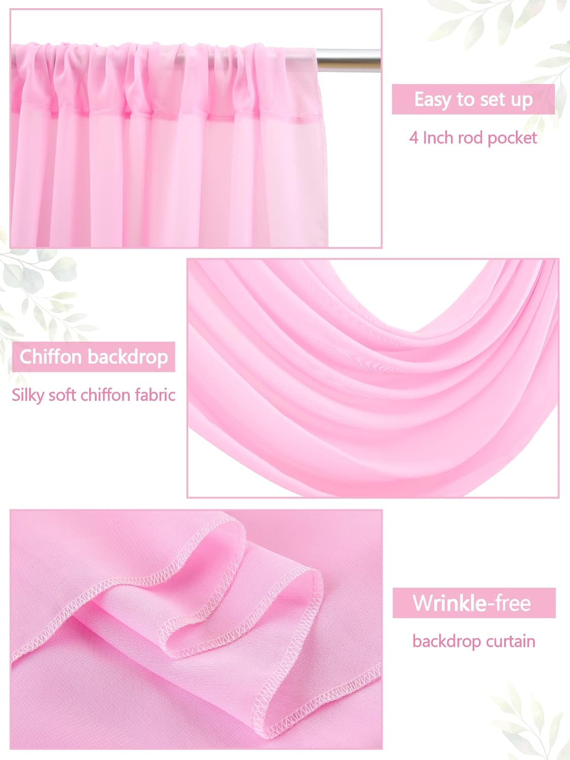 PARTISKY 10x7ft Pink Chiffon Backdrop Curtains, Wrinkle-Free Sheer Fabric Photo Drapes for Wedding Ceremony Arch Birthday Baby Shower Photography Stage Decor 5x7ft, 2 Panel