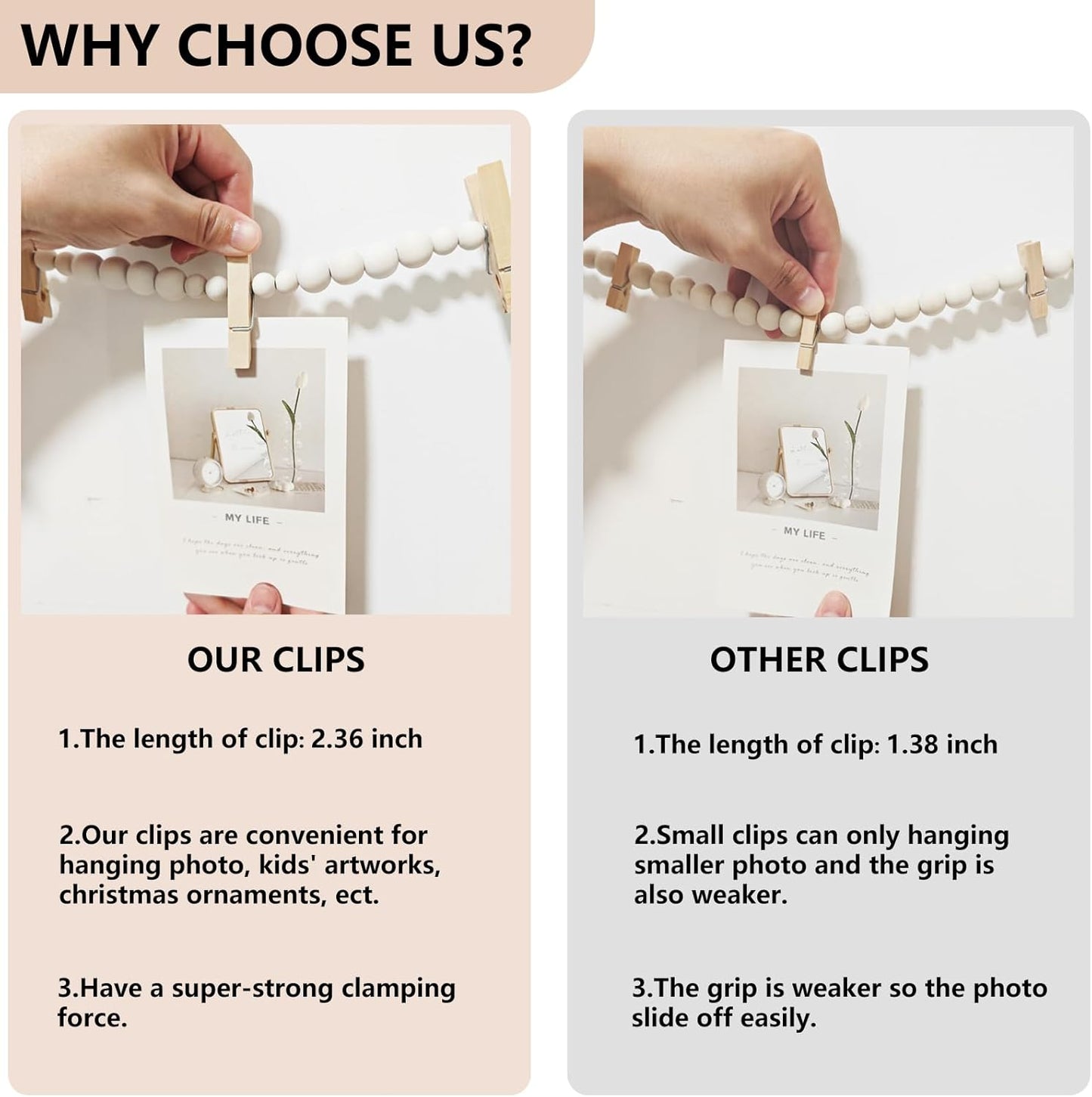 Hanging Photo Display Wall Decor, 2PCS Boho Wooden Bead Garland Collage Picture Frame with 9 Wood Clips for Bedroom, Living Room, Office, Dorm Decor, Photos Holder Teen Girl Gifts