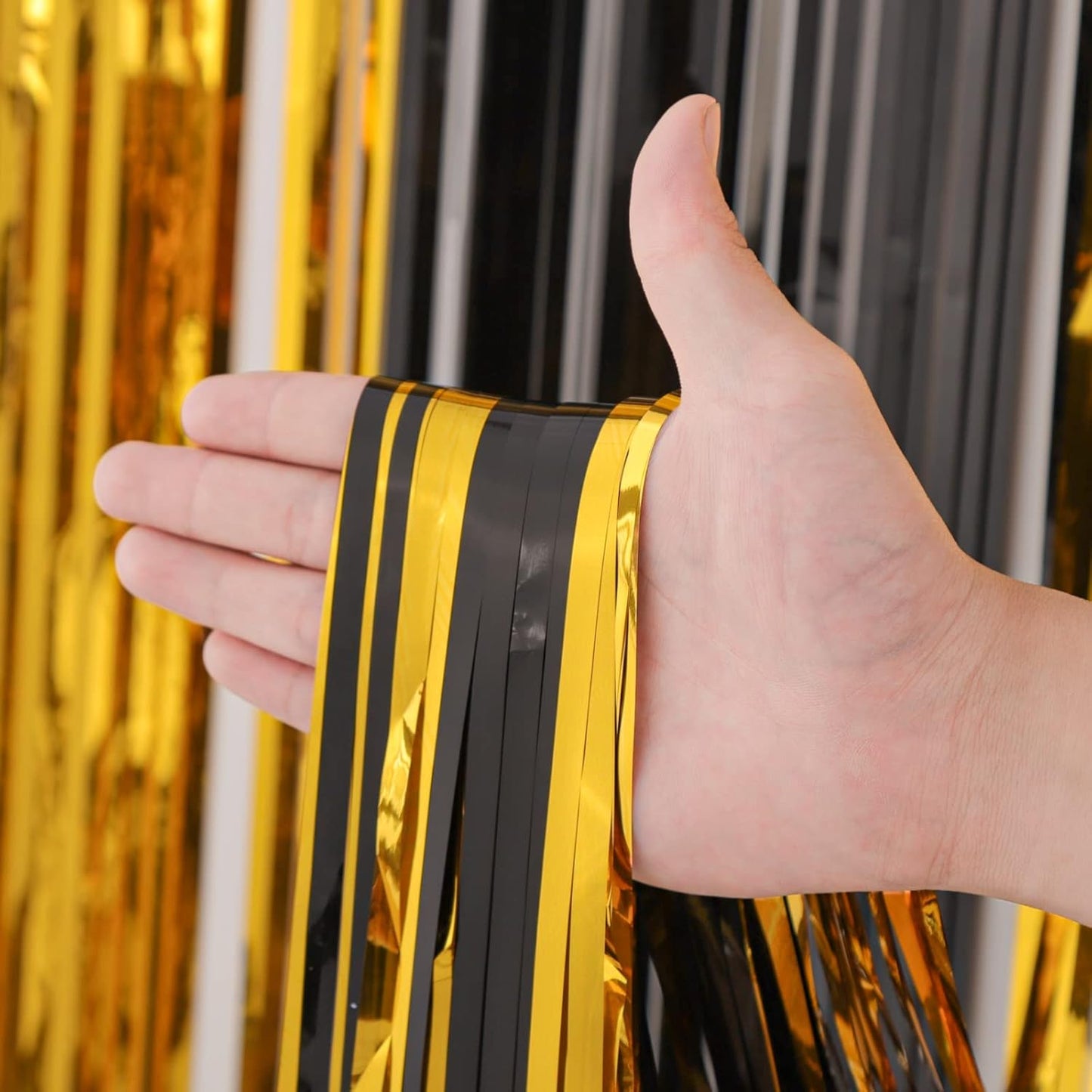 2 Pack Black and Gold Foil Fringe Backdrop Curtains, Tinsel Streamers Birthday Party Decorations, Fringe Backdrop for Graduation, Baby Shower, Gender Reveal, Disco Party
