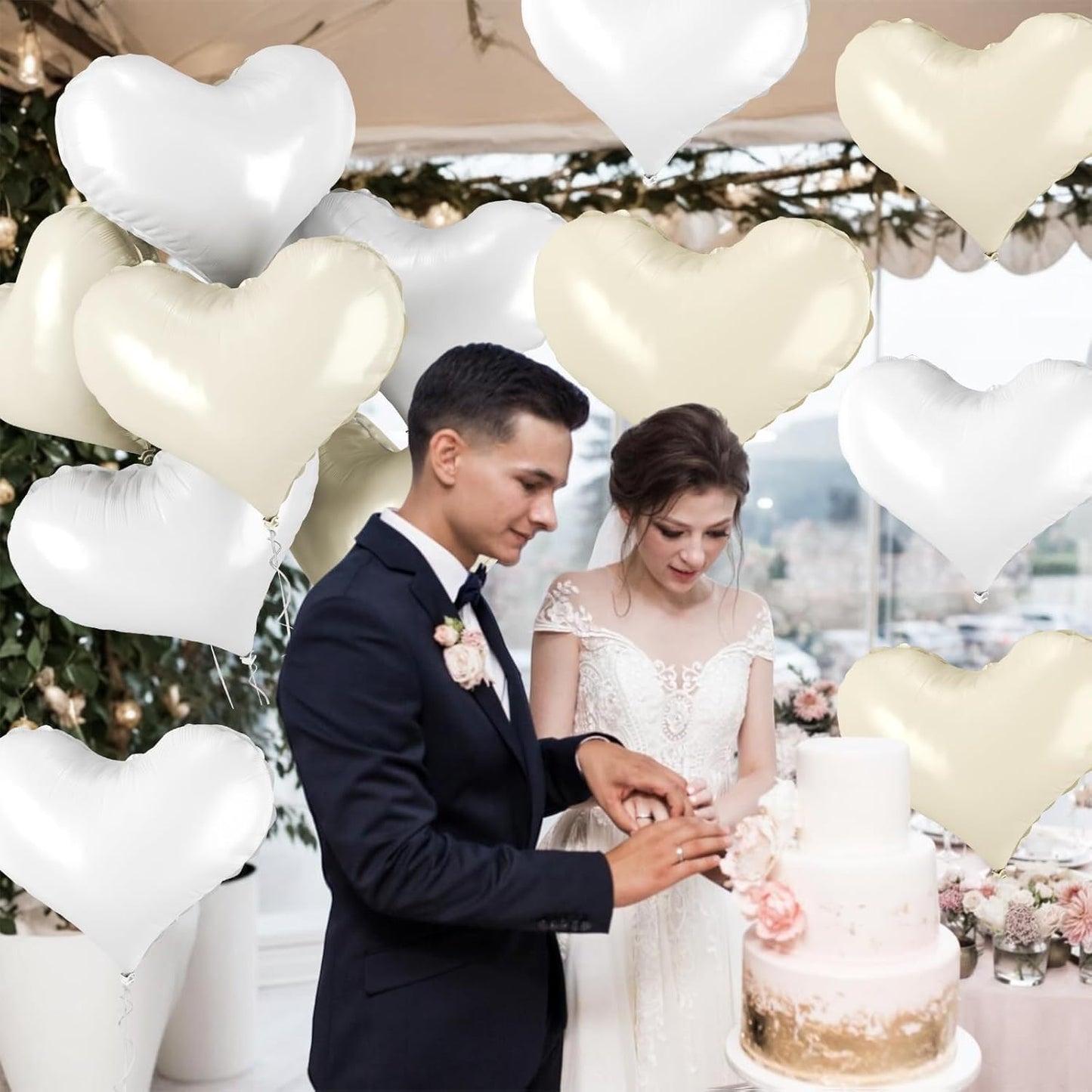 24 Inch Cream and White Heart Balloons, Cream Heart Shaped Foil Balloons, White Helium Balloon for Boho Neutral Valentines Day Bridal Shower Anniversary Wedding Birthday Party Decorations