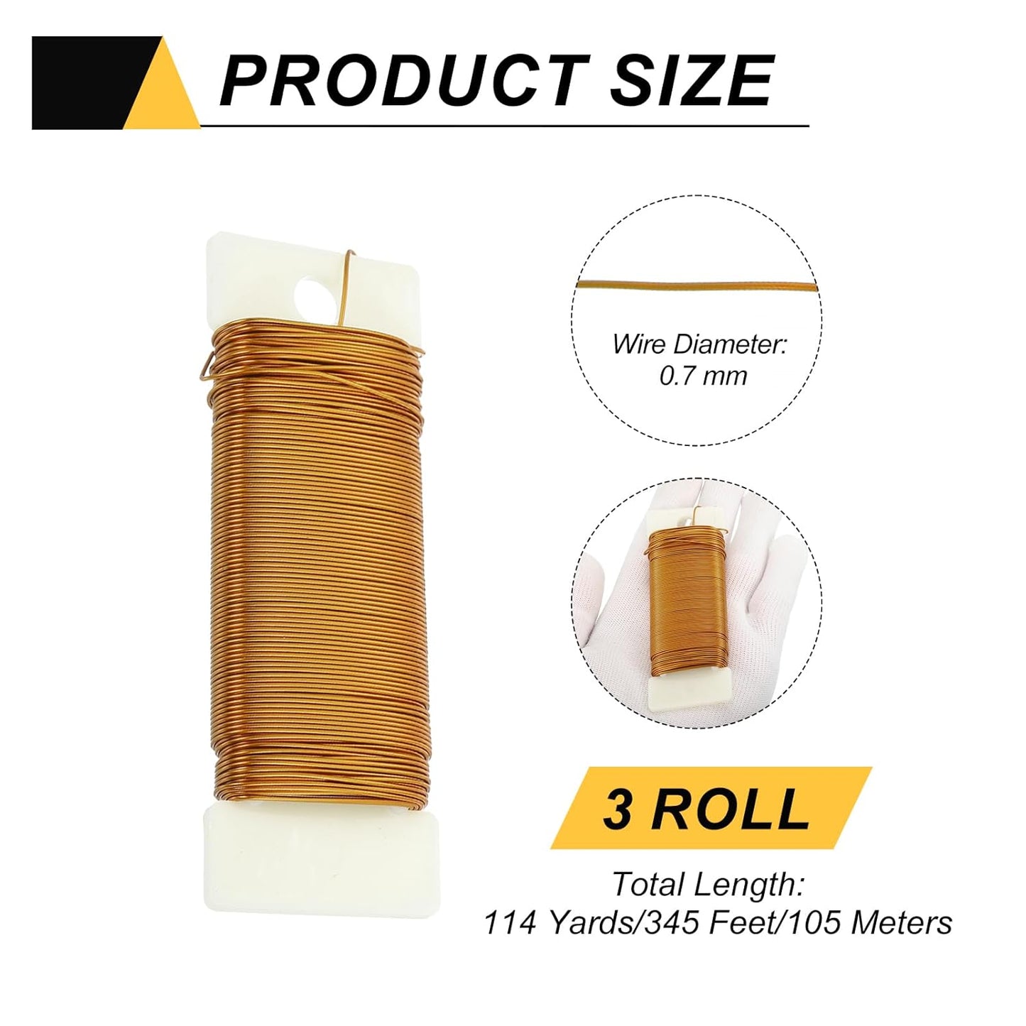 MECCANIXITY 114 Yards/345 Feet Metal Floral Wire 21 Gauge Gold Tone Flexible Paddle Thin Floral Wires for Craft, Christmas Wreath, Flower Arrangement, Wedding, Total 3 Roll